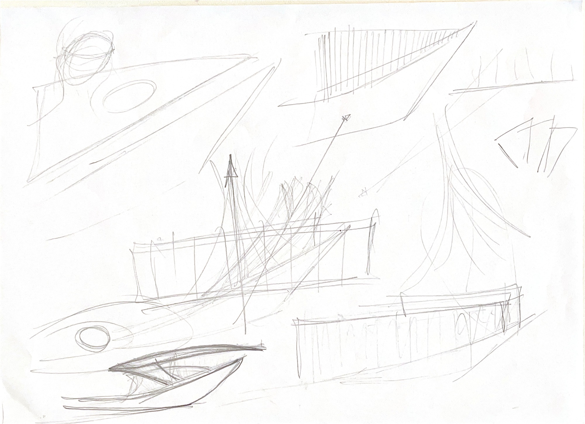 Perspective sketch studies of angular volumes and sculptural roof forms with layered hatching