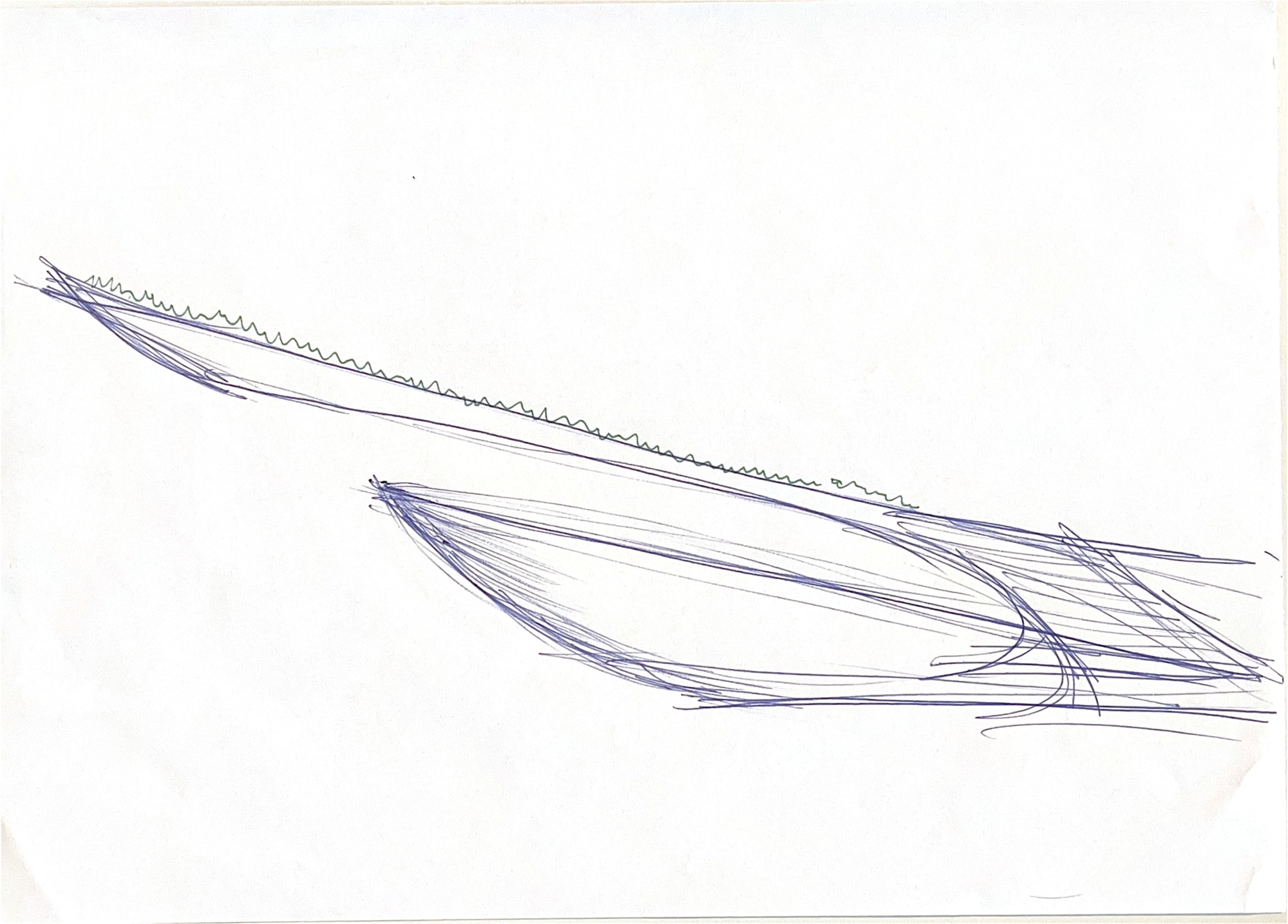 Sketch of an angular canopy structure with triangulated support elements in blue ink