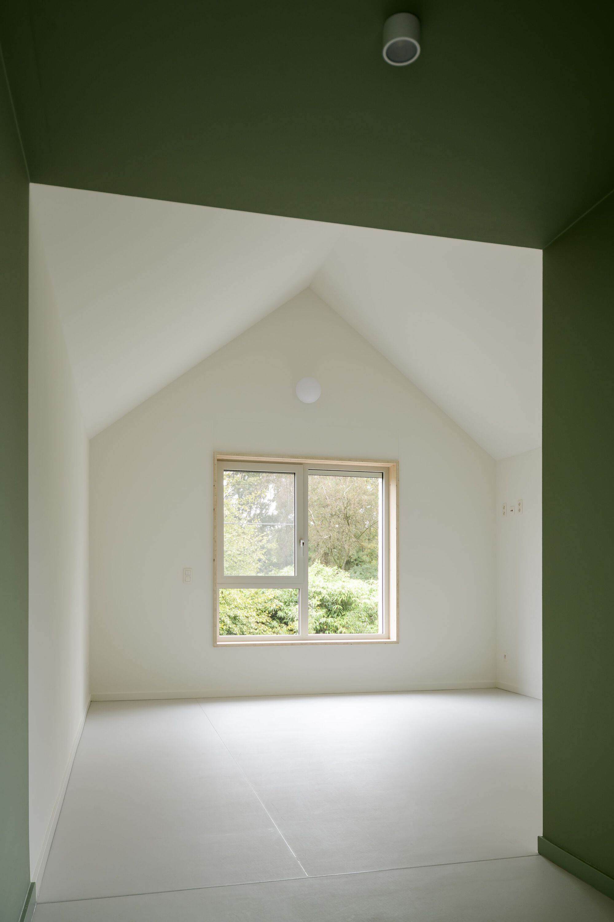 Interior room with vaulted white ceiling and green accent wall under natural daylight