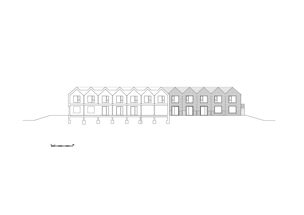Elevation drawing showing a row of gabled townhouses with varying facade treatments and pitched roofs