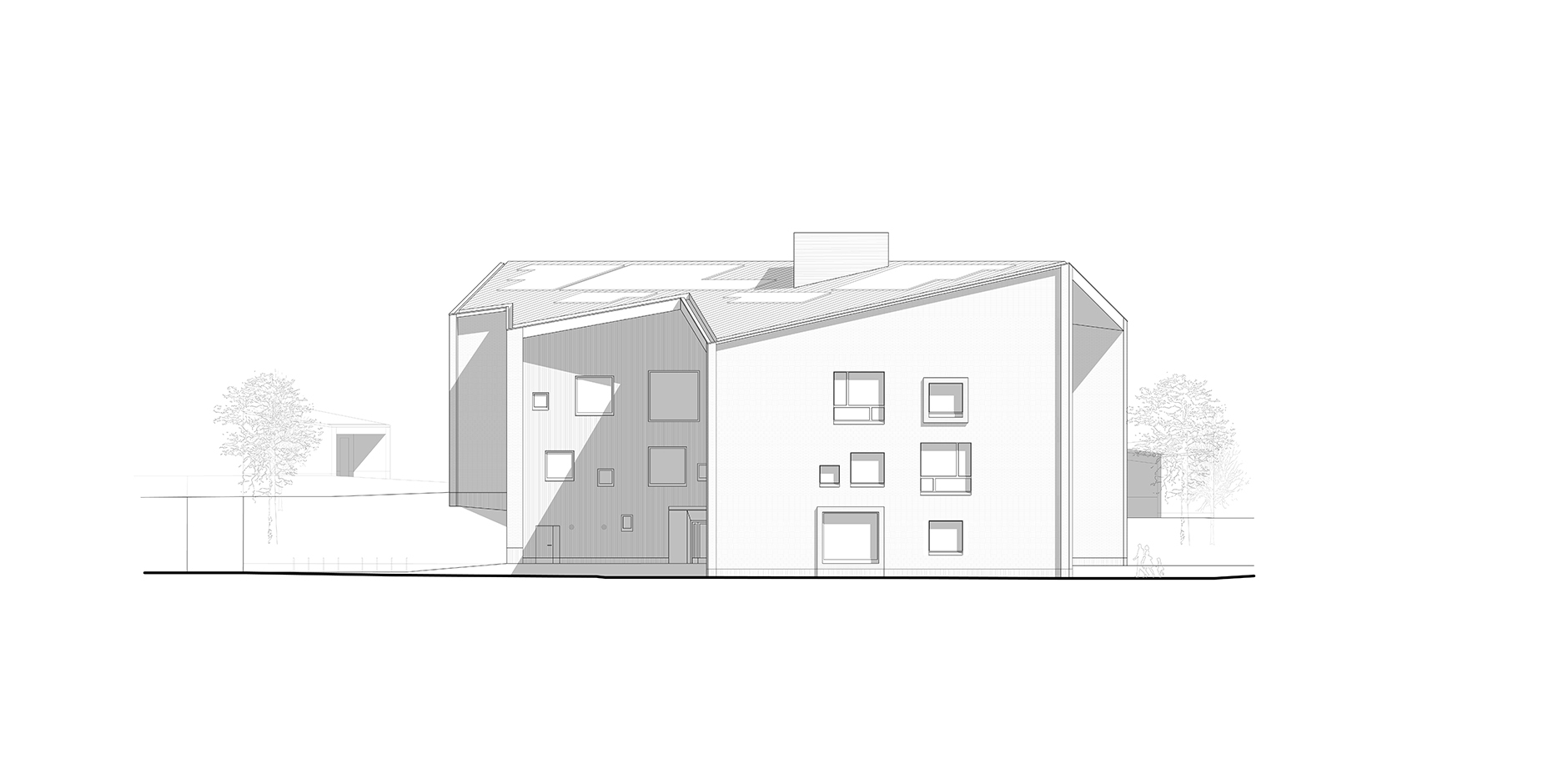 Elevation drawing showing gabled volumes with varied window patterns and surrounding trees