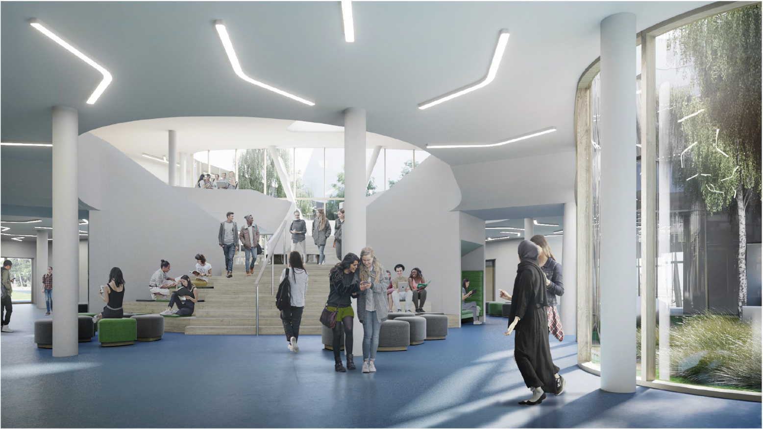 Open communal spaces encourage collaboration, interaction, and adaptable learning experiences for students.