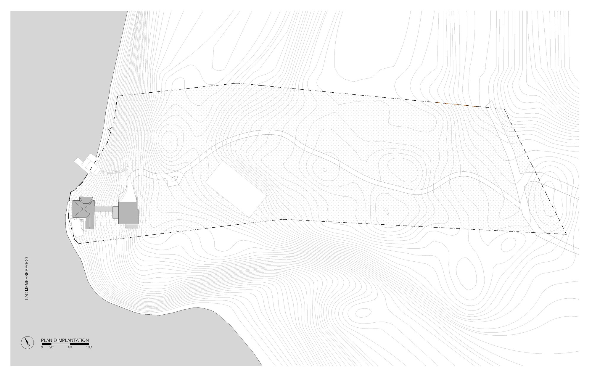 Site plan drawing showing two small structures on a narrow peninsula with contour lines indicating sloping terrain