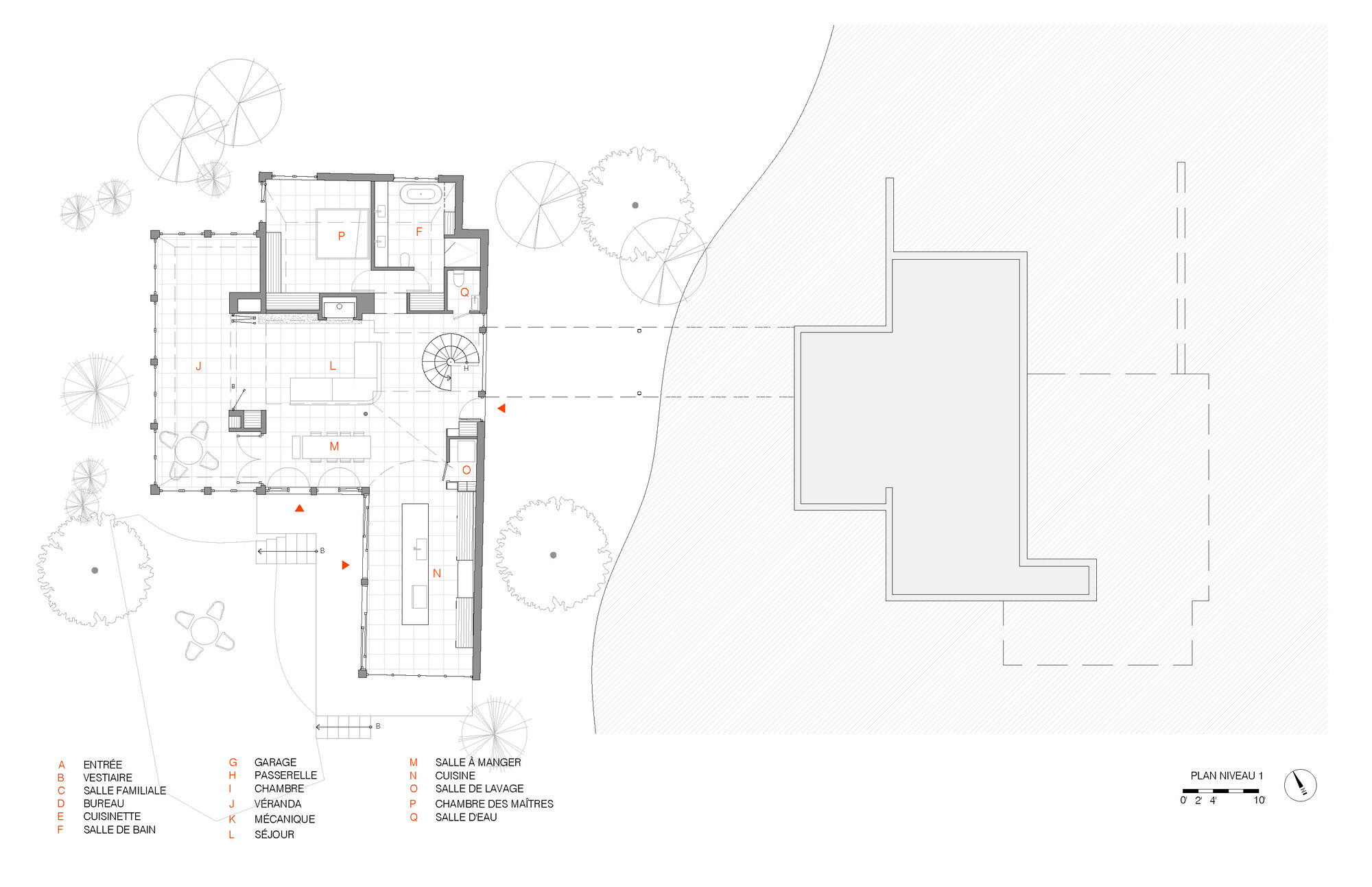Floor plan drawing showing the main level with living spaces, kitchen and bedrooms arranged in an L-shape