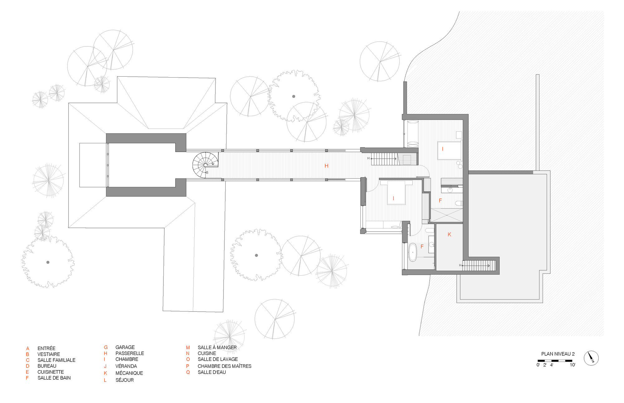 Upper floor plan drawing showing bedrooms and circulation connecting to the adjacent structure