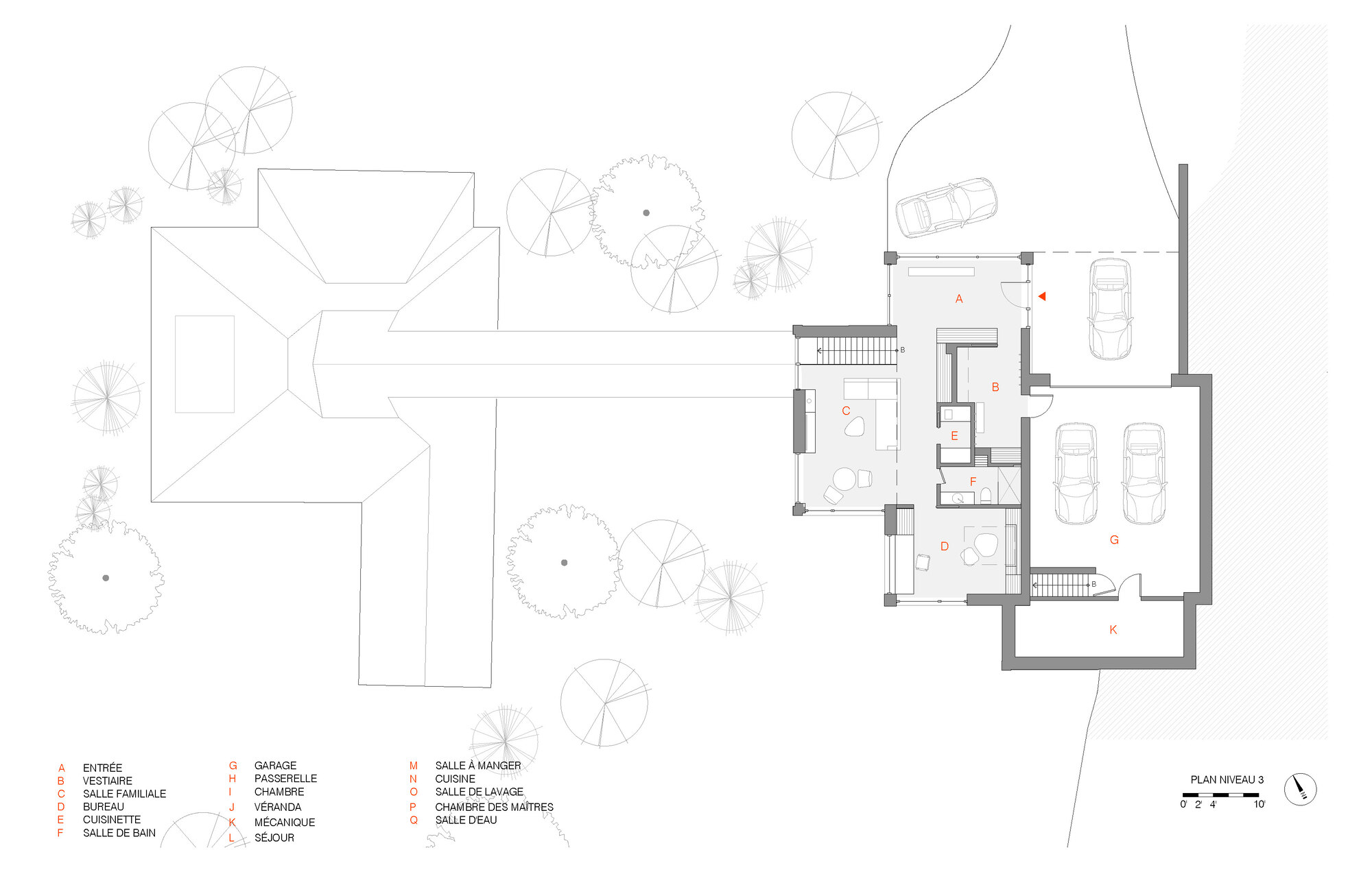 Site plan drawing showing an existing house with trees and a new garage addition with cars