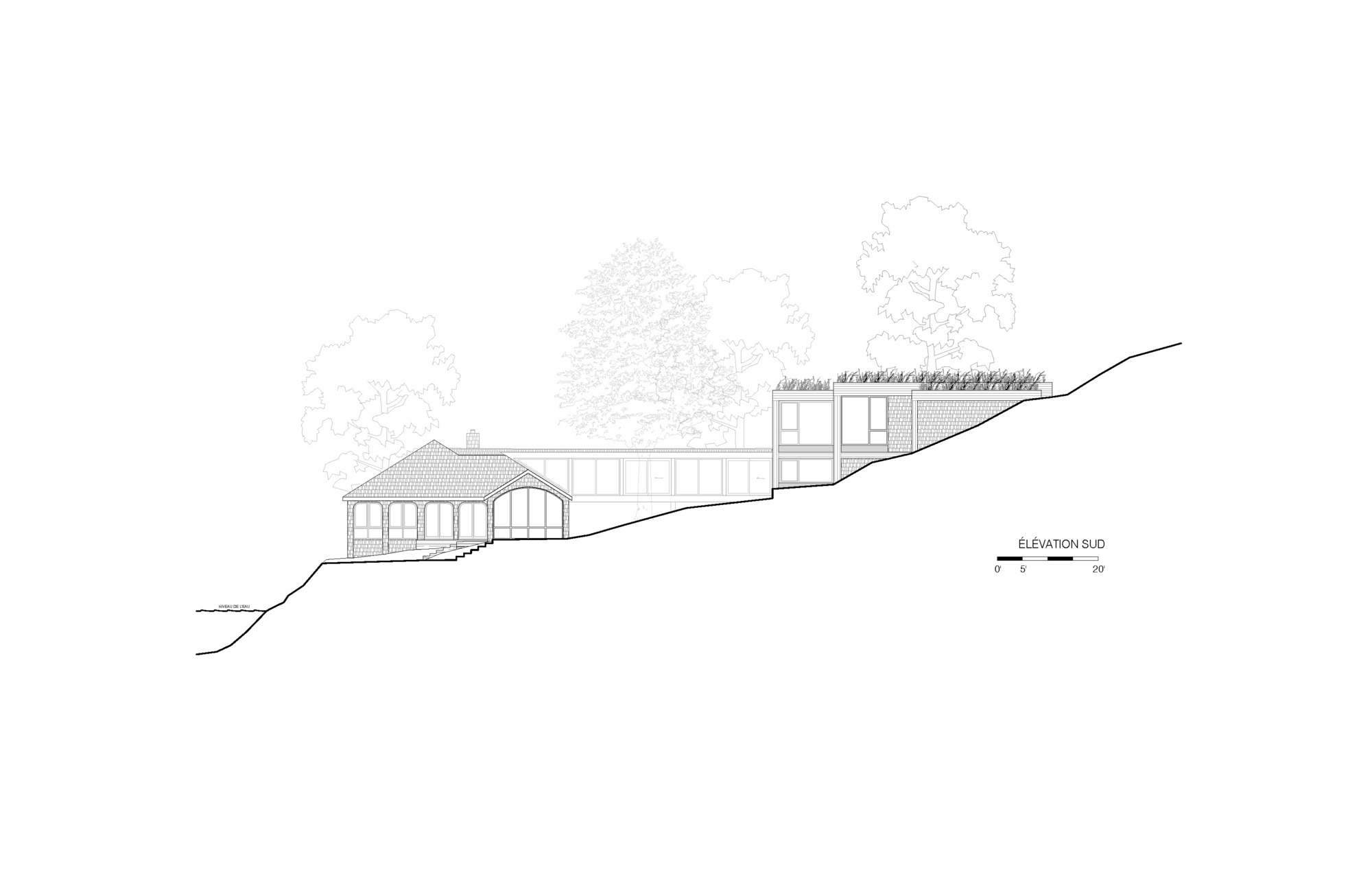 South elevation drawing showing the existing house and glazed garage addition stepping down a hillside with trees