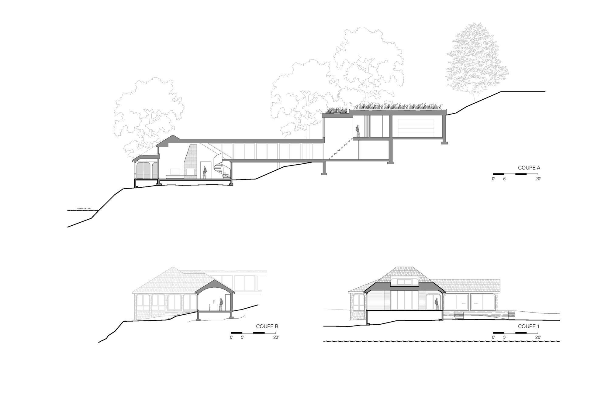 Section drawings showing the interior spaces stepping down the slope between existing and new volumes