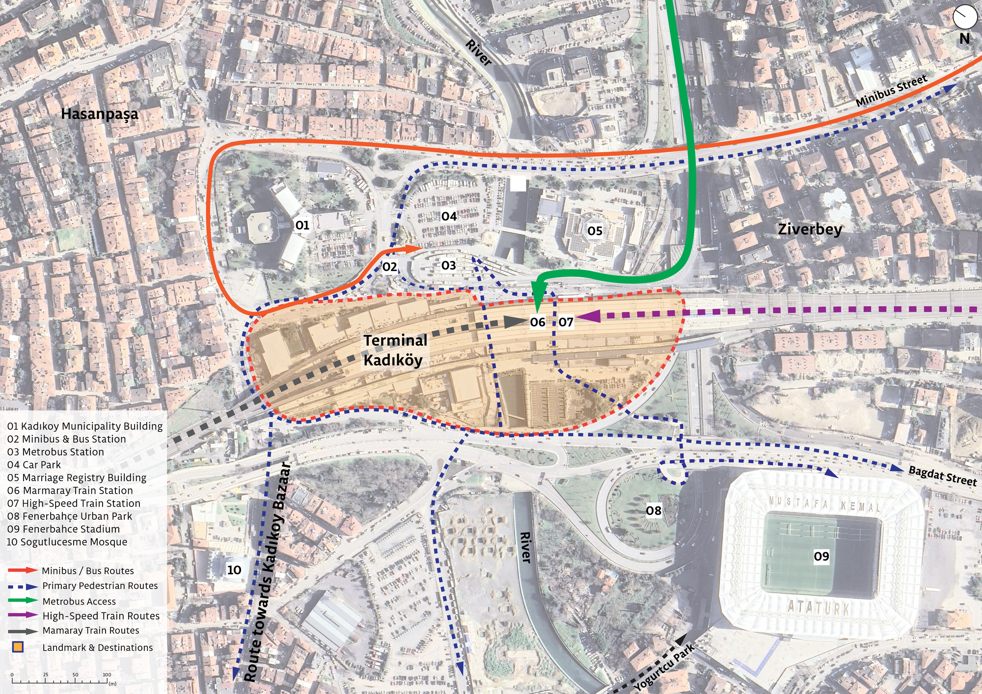 Site plan drawing showing colored pedestrian routes connecting transit terminal and neighboring districts with urban landmarks