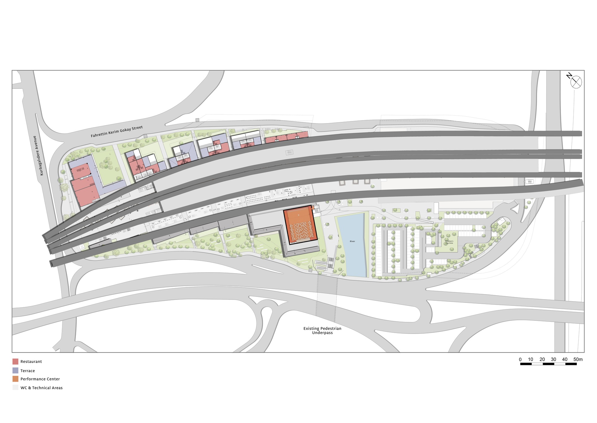 Master plan drawing showing curved railway tracks crossing through a development zone with colored program blocks and green spaces