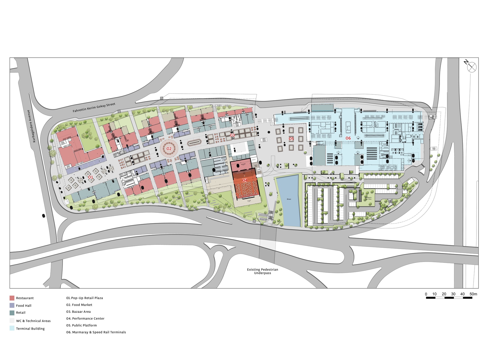 Detailed site plan drawing revealing interior program distribution of transit hub including retail market and technical areas