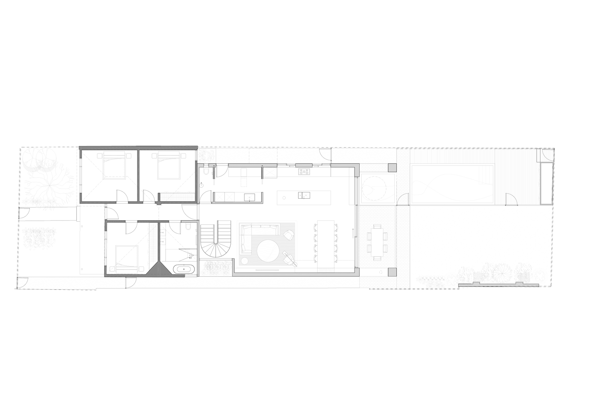 Floor plan drawing showing a linear layout with bedrooms, bathrooms, circular stair, and living spaces with terrace