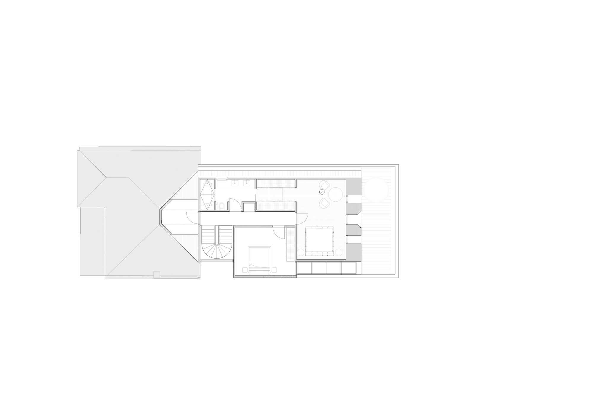 Upper floor plan drawing with existing pitched roof, spiral stair, bedroom, and new roof terrace extension