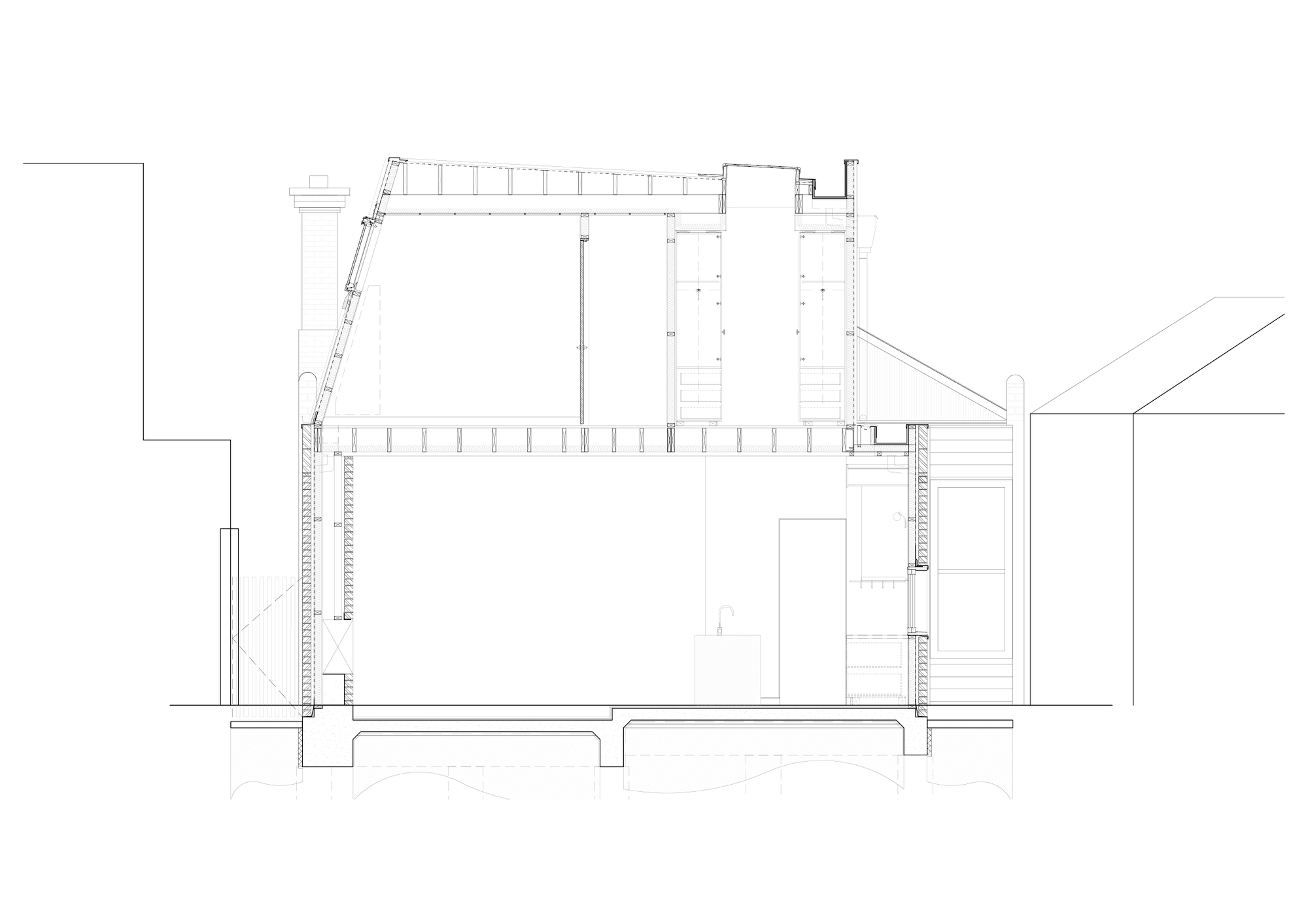 Building section drawing showing timber frame construction, roof structure, and ceiling joists with existing building to left