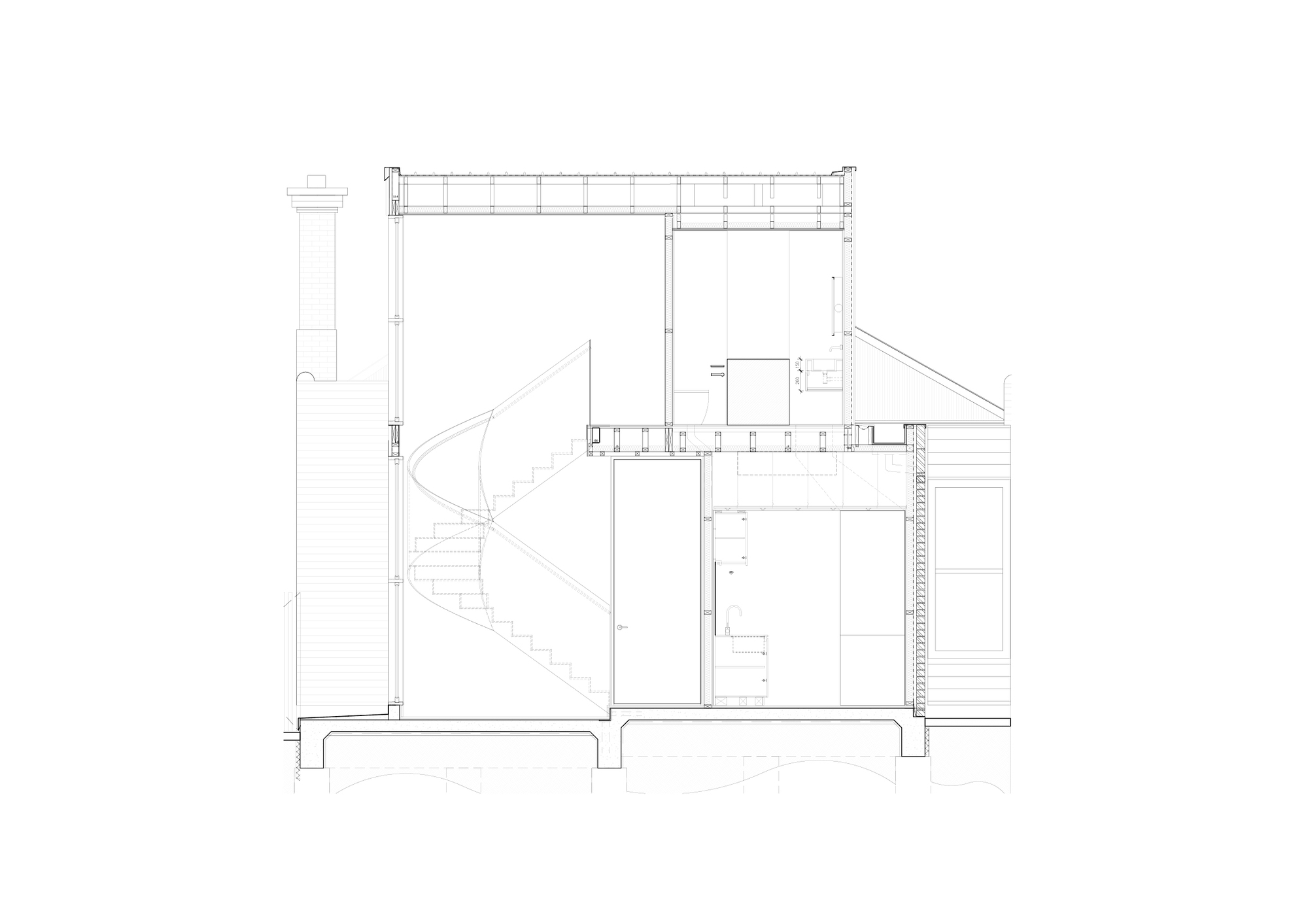 Building section drawing showing curved stair, timber frame walls, and sloped ceiling with roof structure above
