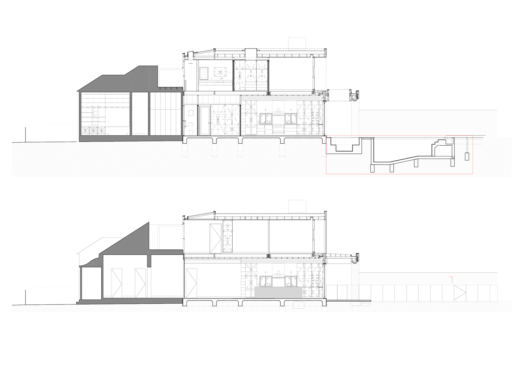 Two longitudinal section drawings showing existing pitched roof structure and new timber frame extension with open living spaces