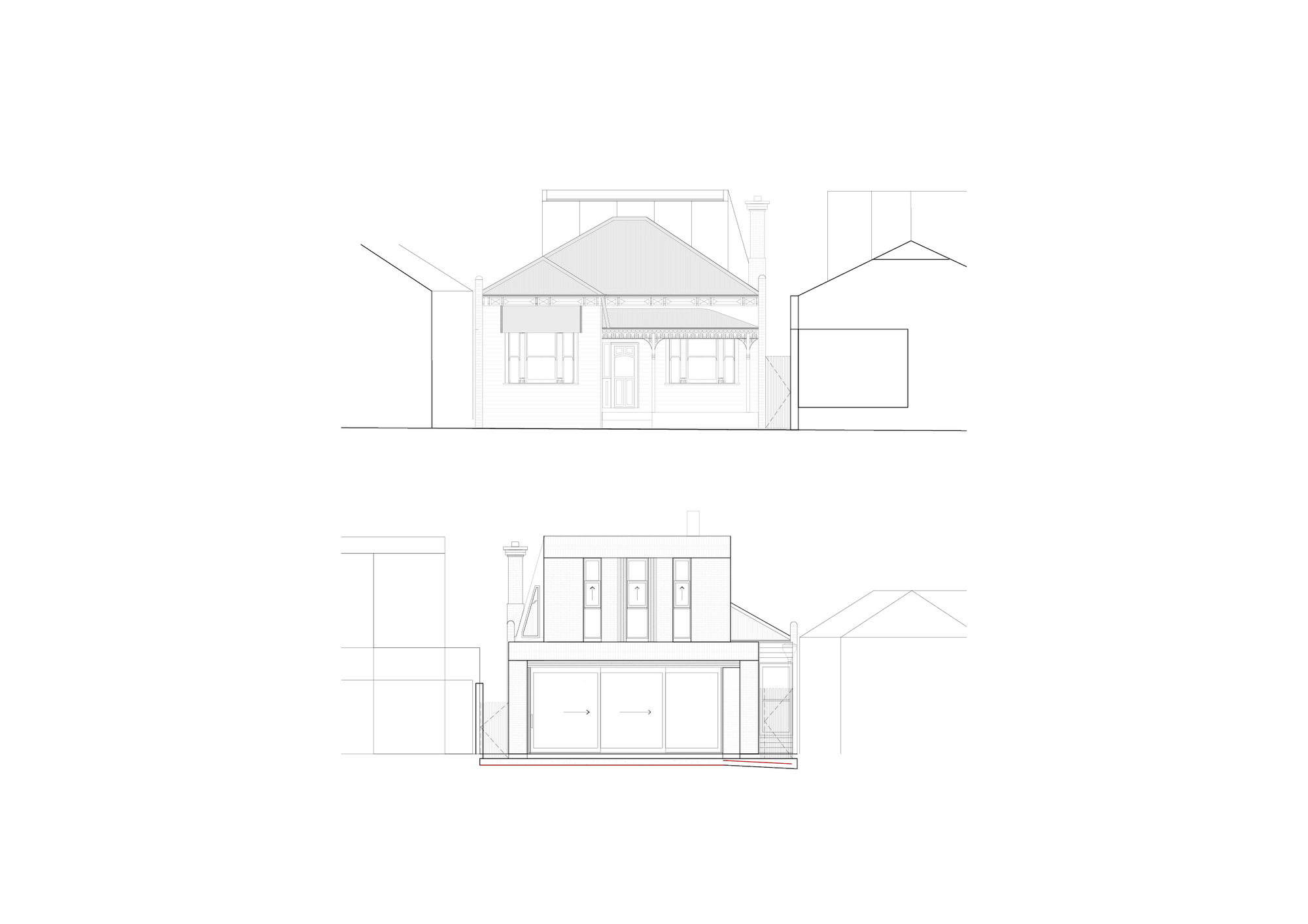 Two elevation drawings showing existing pitched roof house with new flat roof extension and fenestration pattern