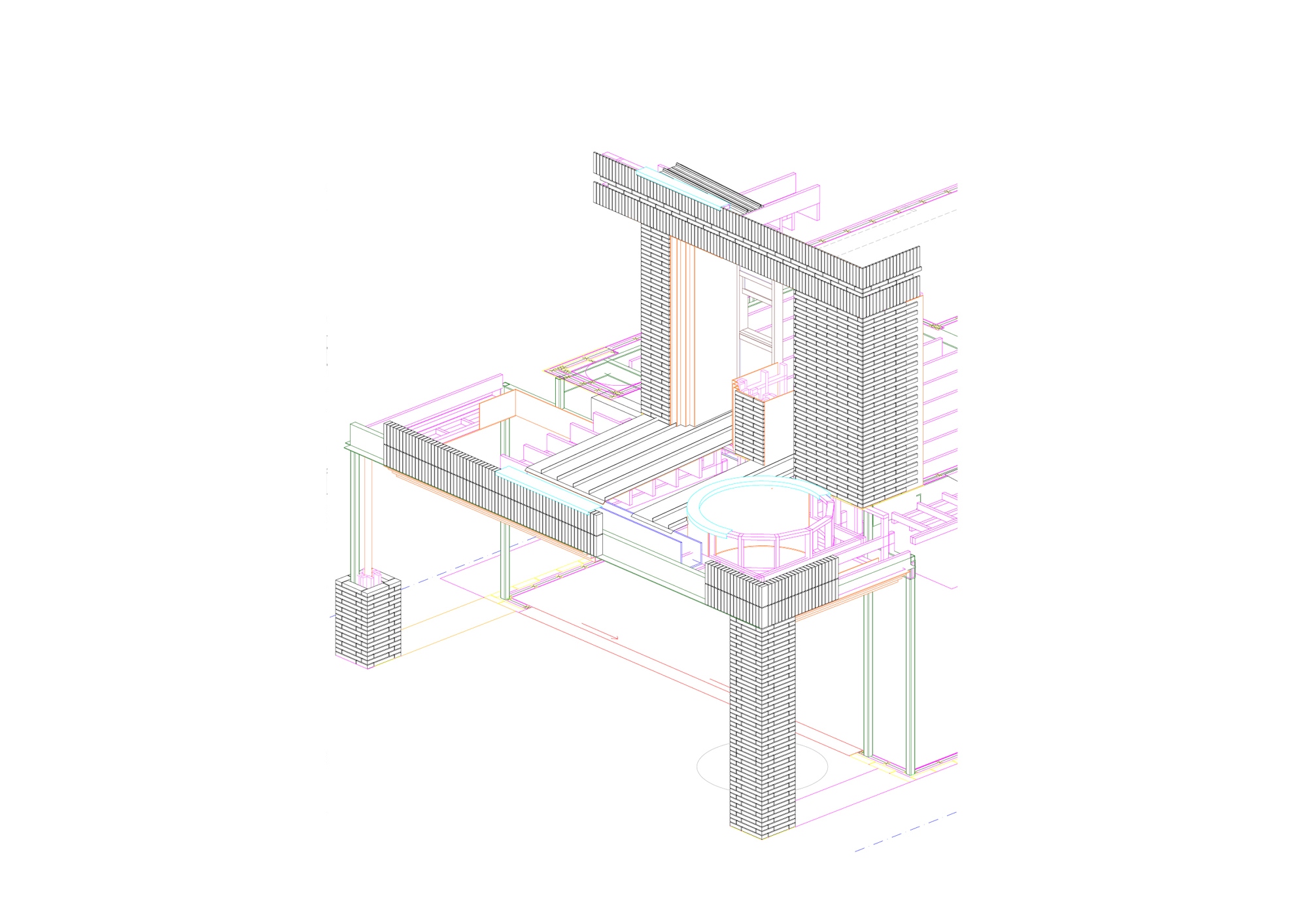 Axonometric drawing showing a table-like structure with masonry piers and horizontal framing members