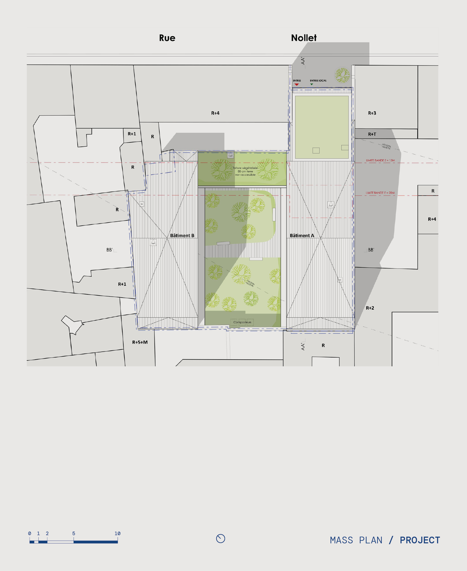 Site plan drawing showing two residential blocks flanking a central courtyard with planted green spaces