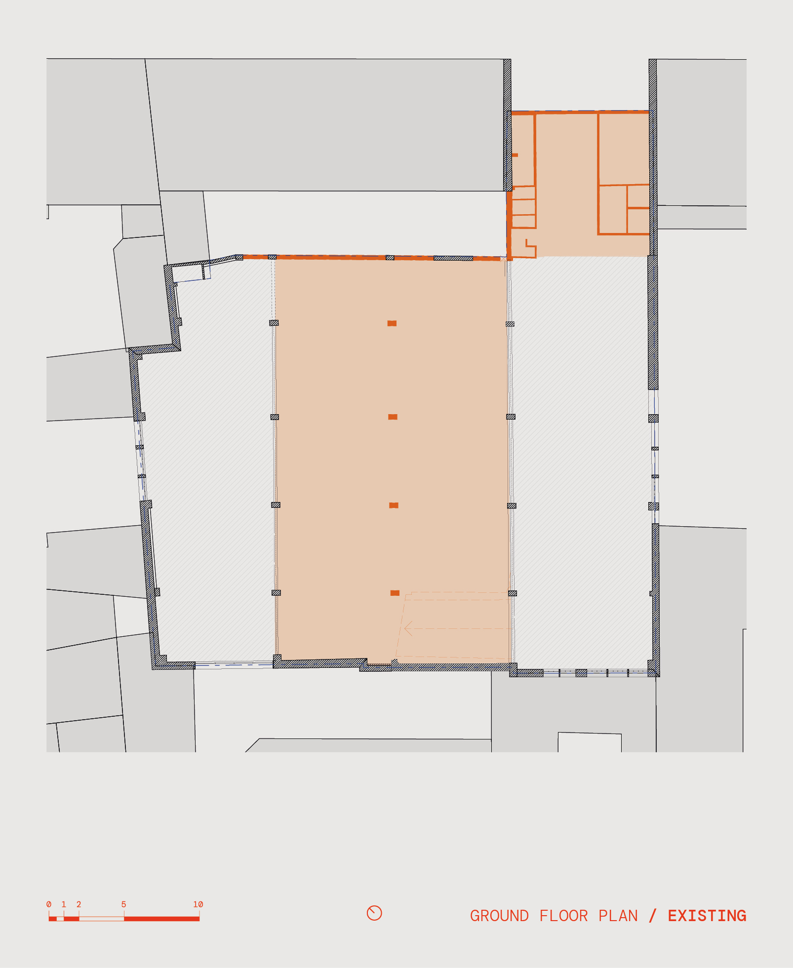 Ground floor plan drawing indicating central open space surrounded by residential units and circulation zones