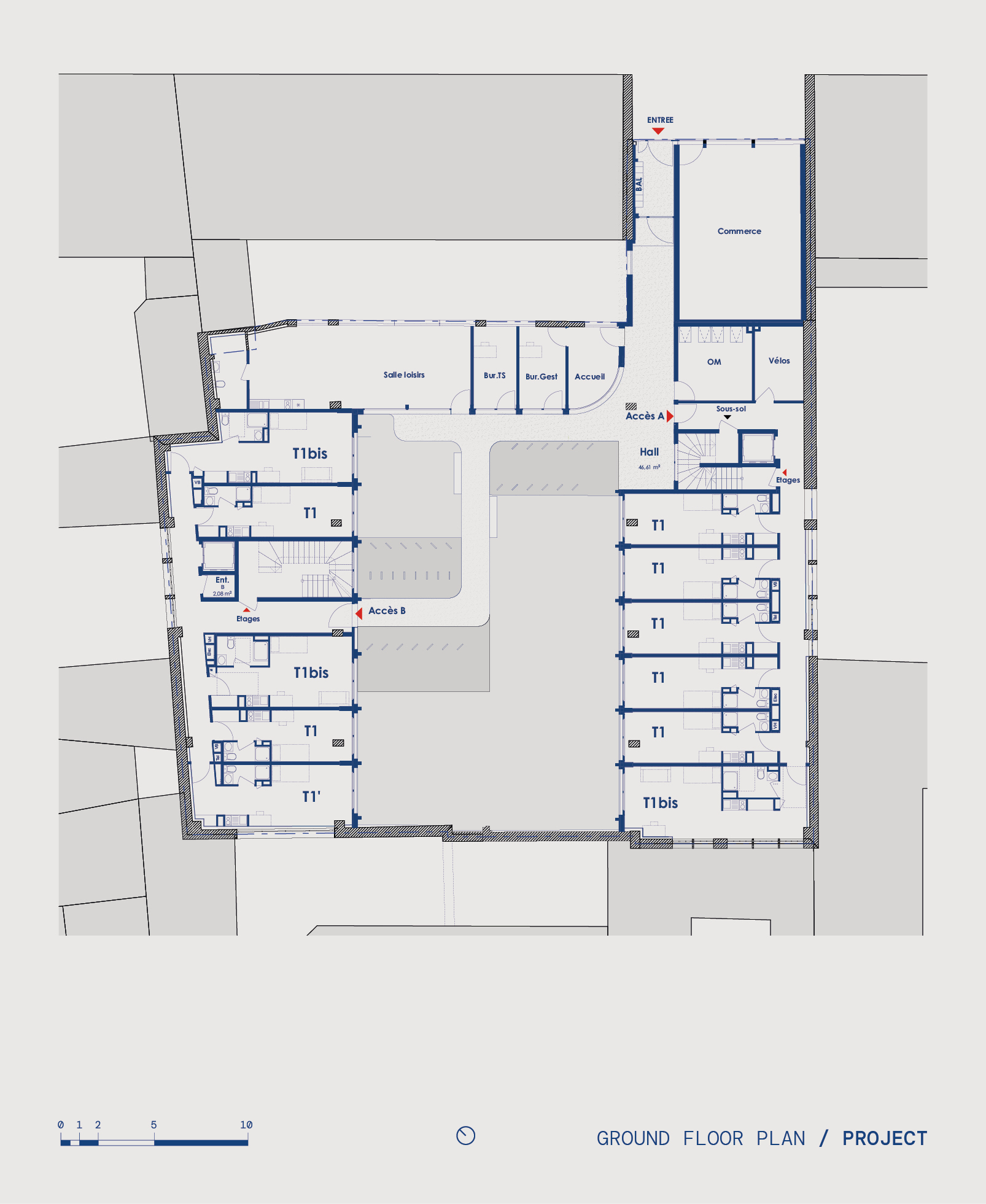 Ground floor plan showing residential units arranged around a central courtyard with stair access