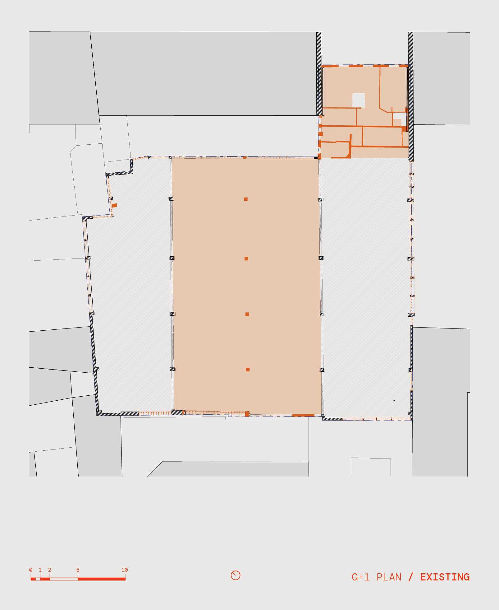 Existing upper level plan with central open hall flanked by hatched circulation zones