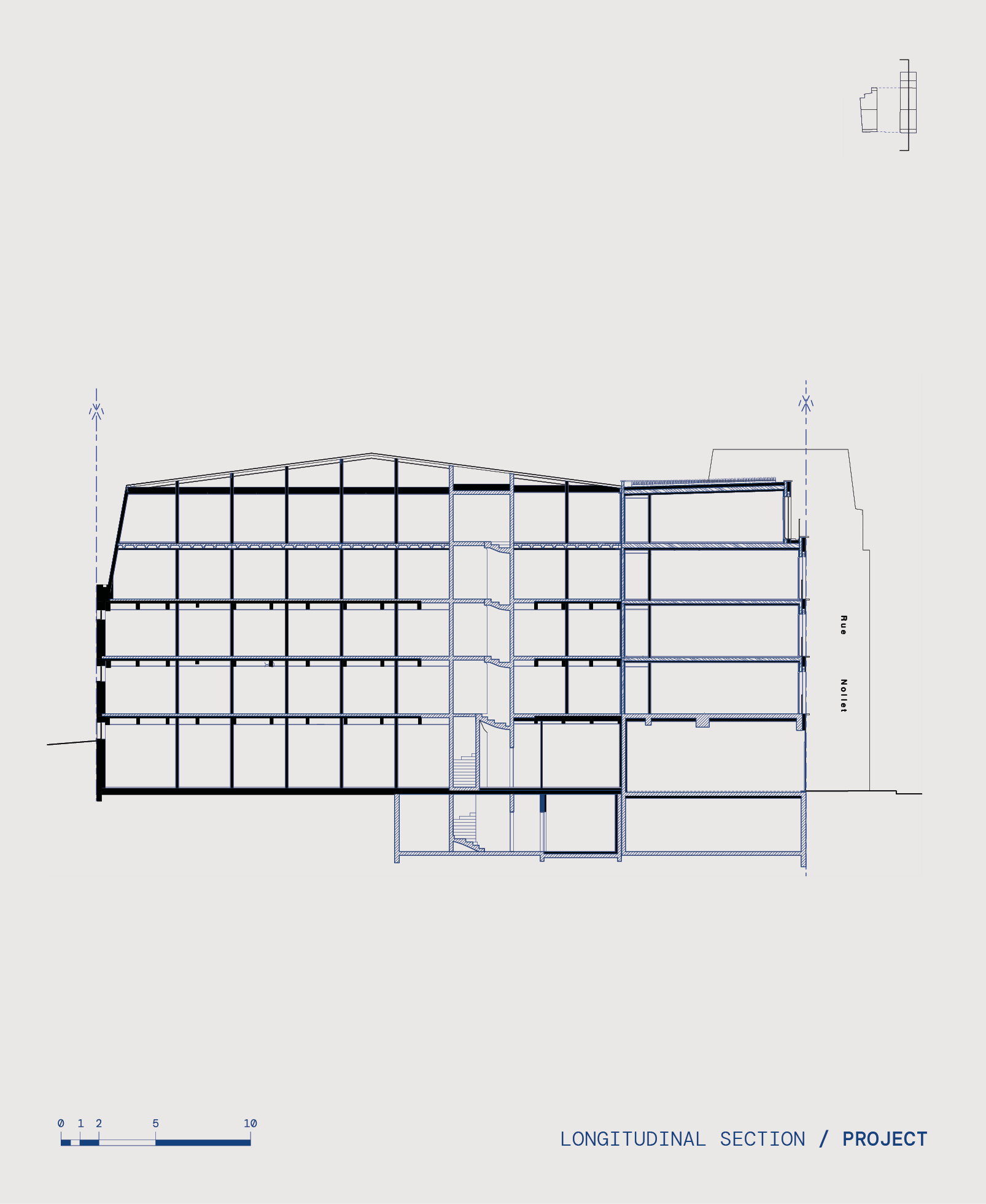 Longitudinal section drawing showing proposed multi-story building with stair core and residential floors
