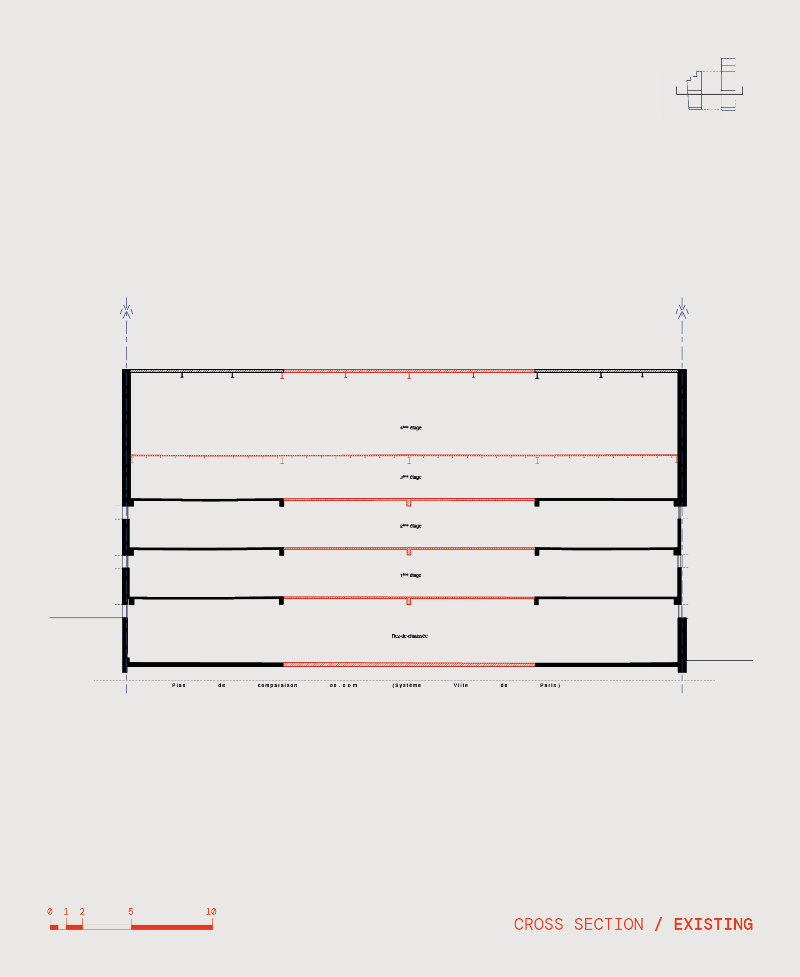 Cross section drawing through existing structure revealing five horizontal floor plates