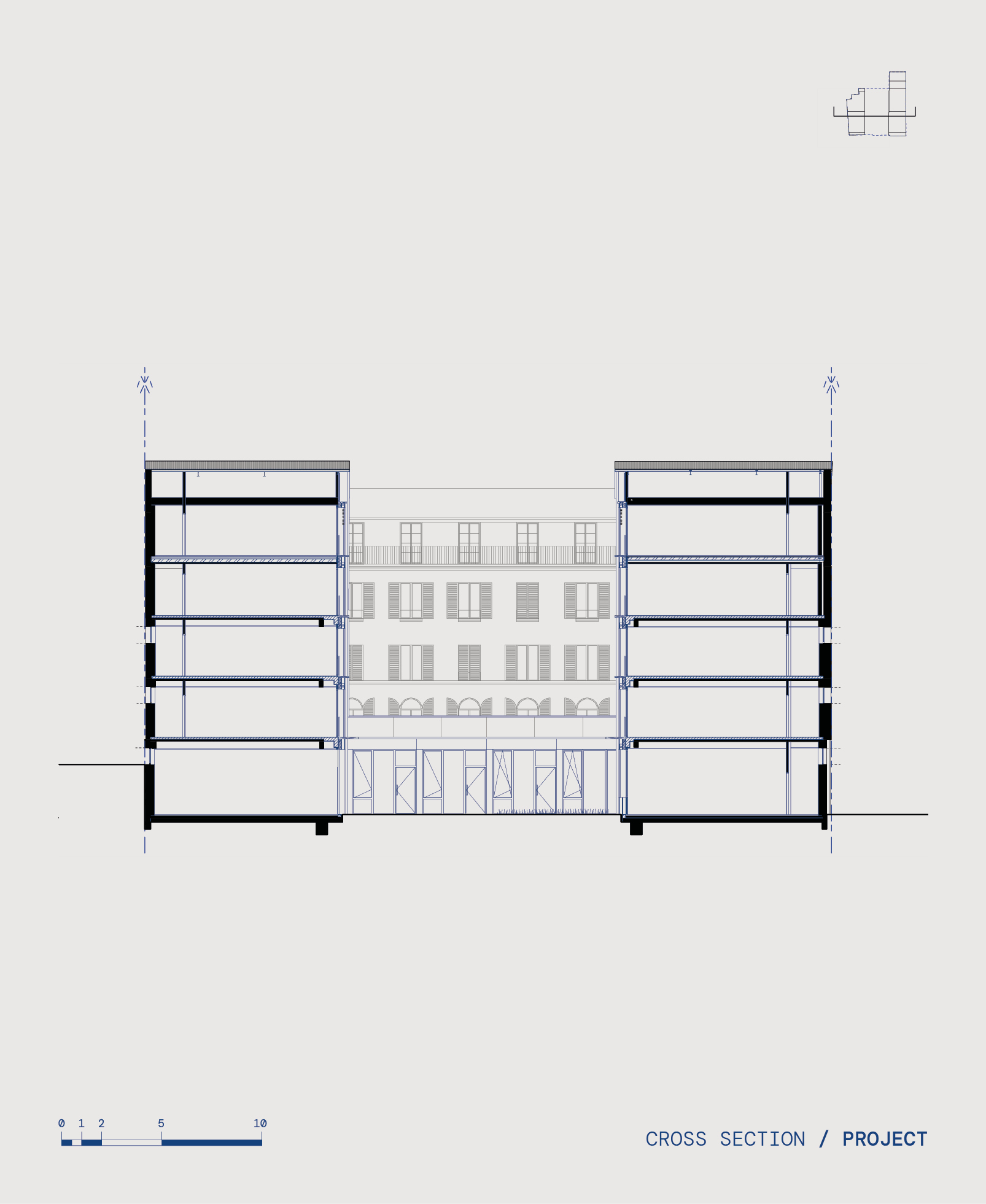 Cross section drawing through flanking wings and central courtyard showing five-story floor plates