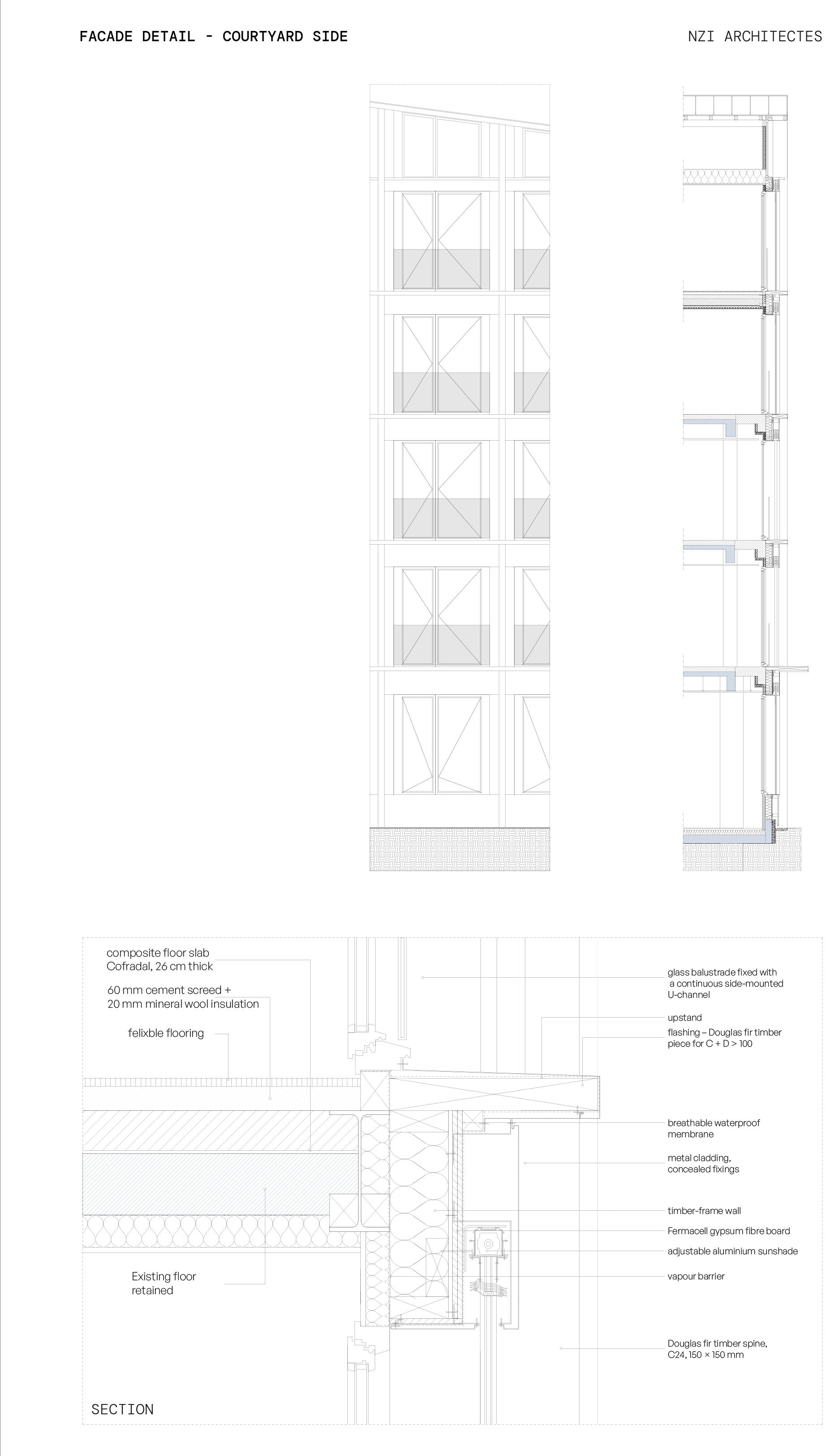 Facade detail section showing window assembly, cladding layers, and floor structure at courtyard side