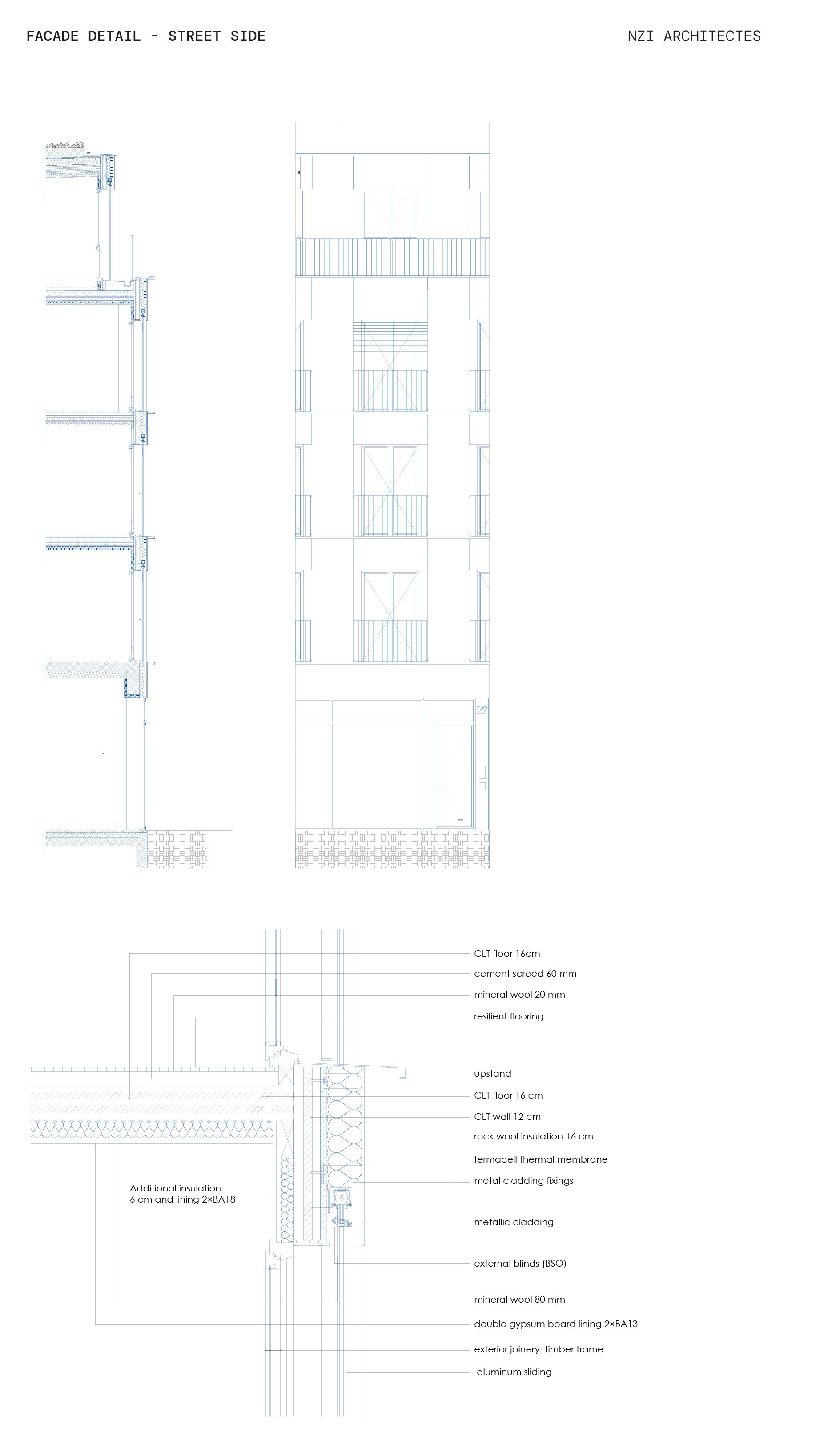 Facade detail section showing street-facing elevation with balconies and material transitions at ground level