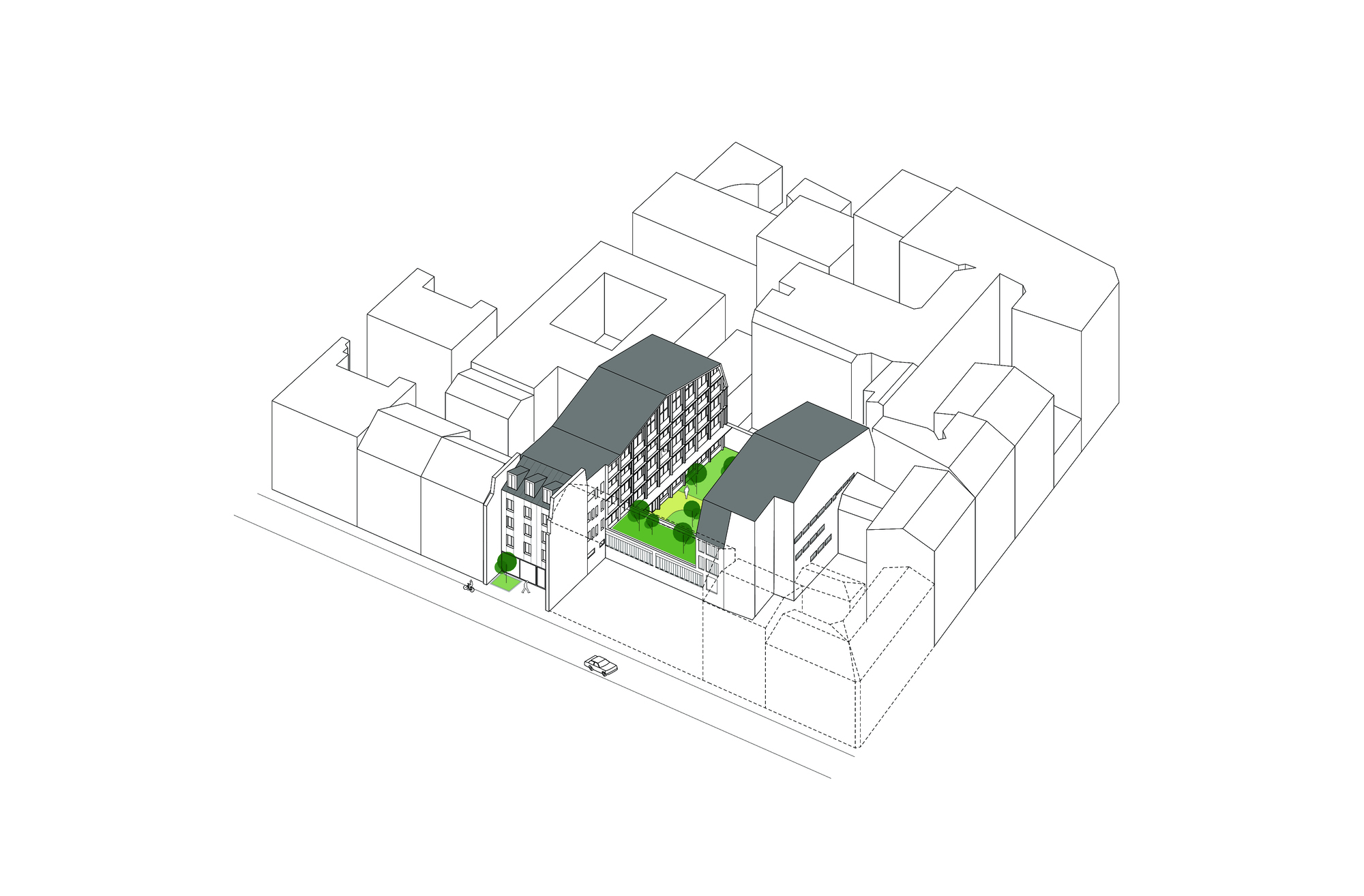 Axonometric drawing showing new block within surrounding urban fabric with green courtyard between wings