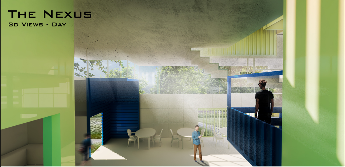 Day view interior showcasing layered modular container spaces designed for movement, interaction, and visual connectivity.