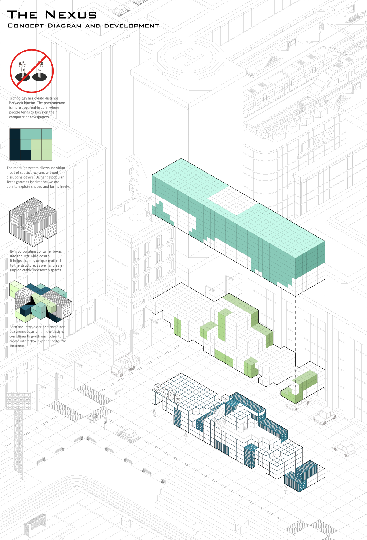 Concept diagram illustrating the aggregation of container modules into a flexible, scalable architectural system.