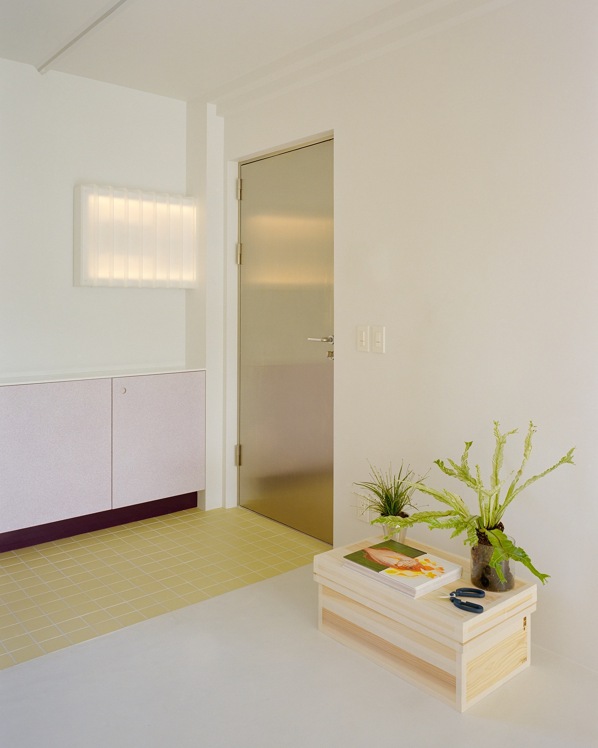 White room with translucent glass door, yellow tiled floor and low wooden planter with ferns