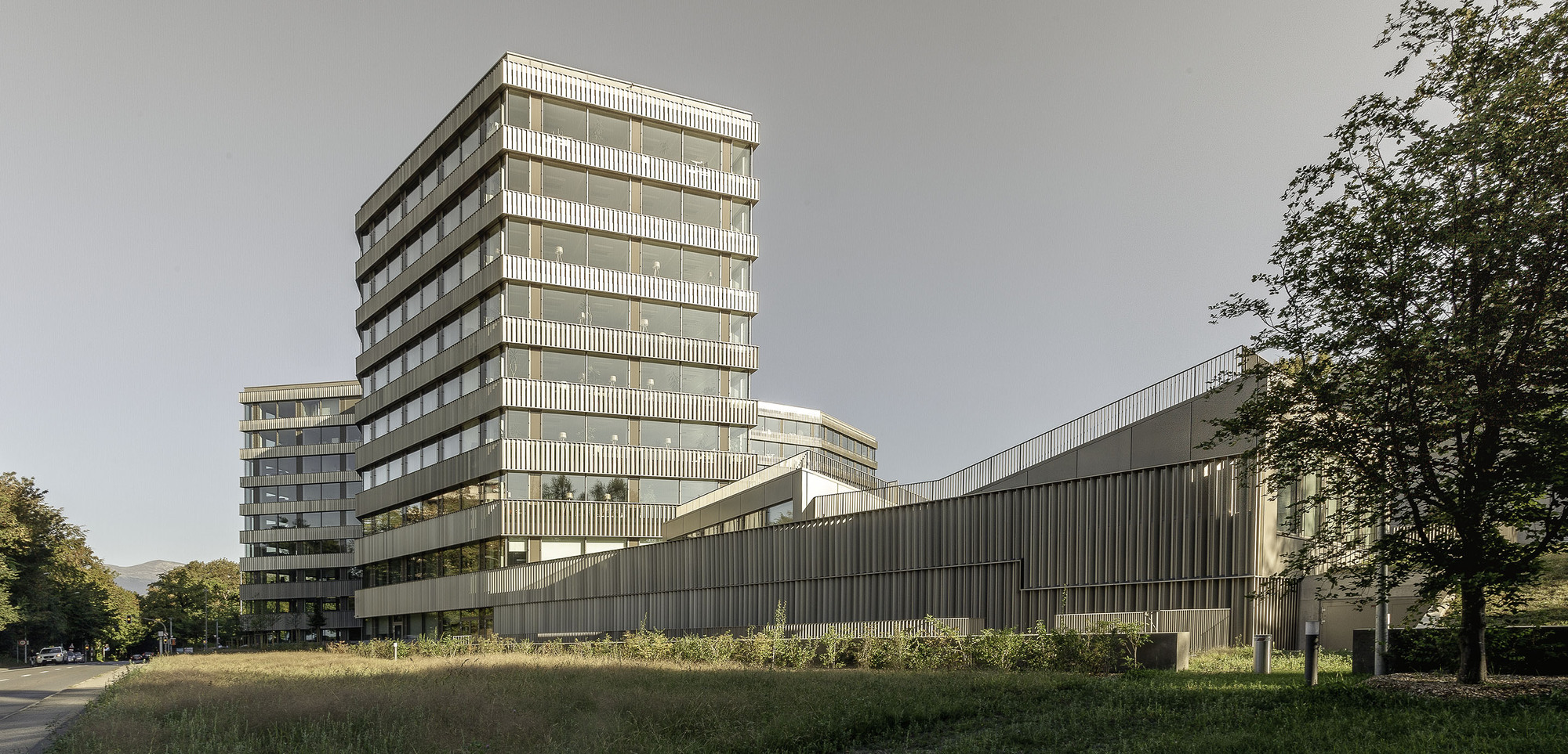 Facade composition with vertical louvered tower and horizontal ribbed base across a wildflower meadow