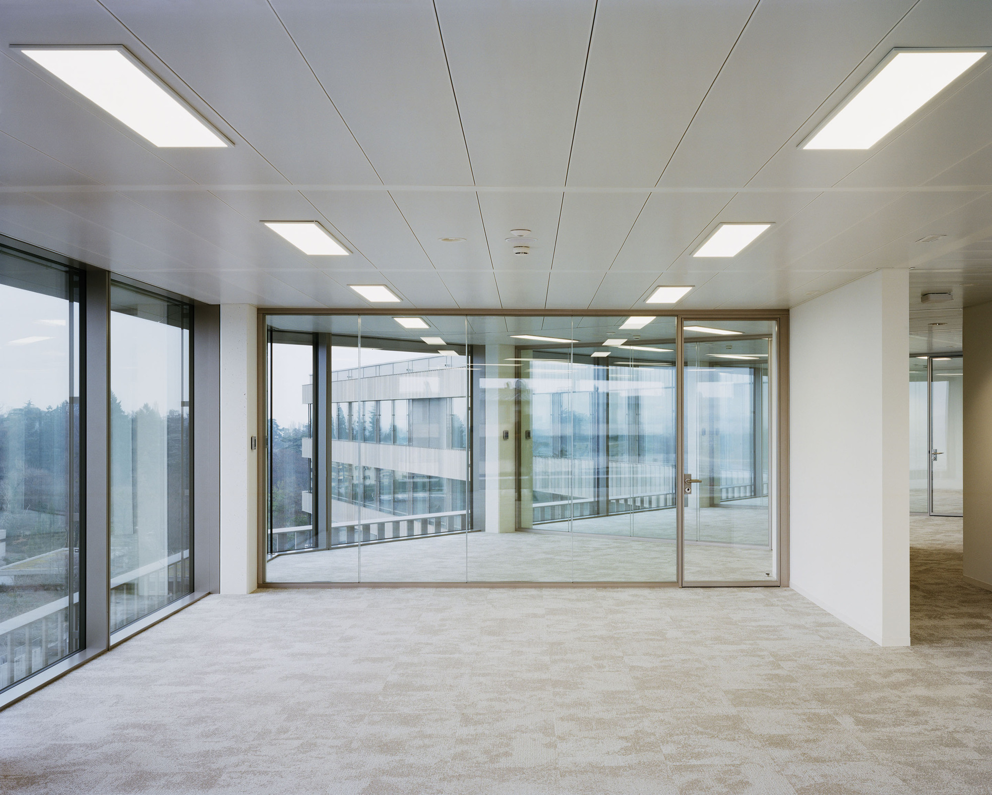 Open-plan office space with suspended ceiling panels and full-height glazed partitions