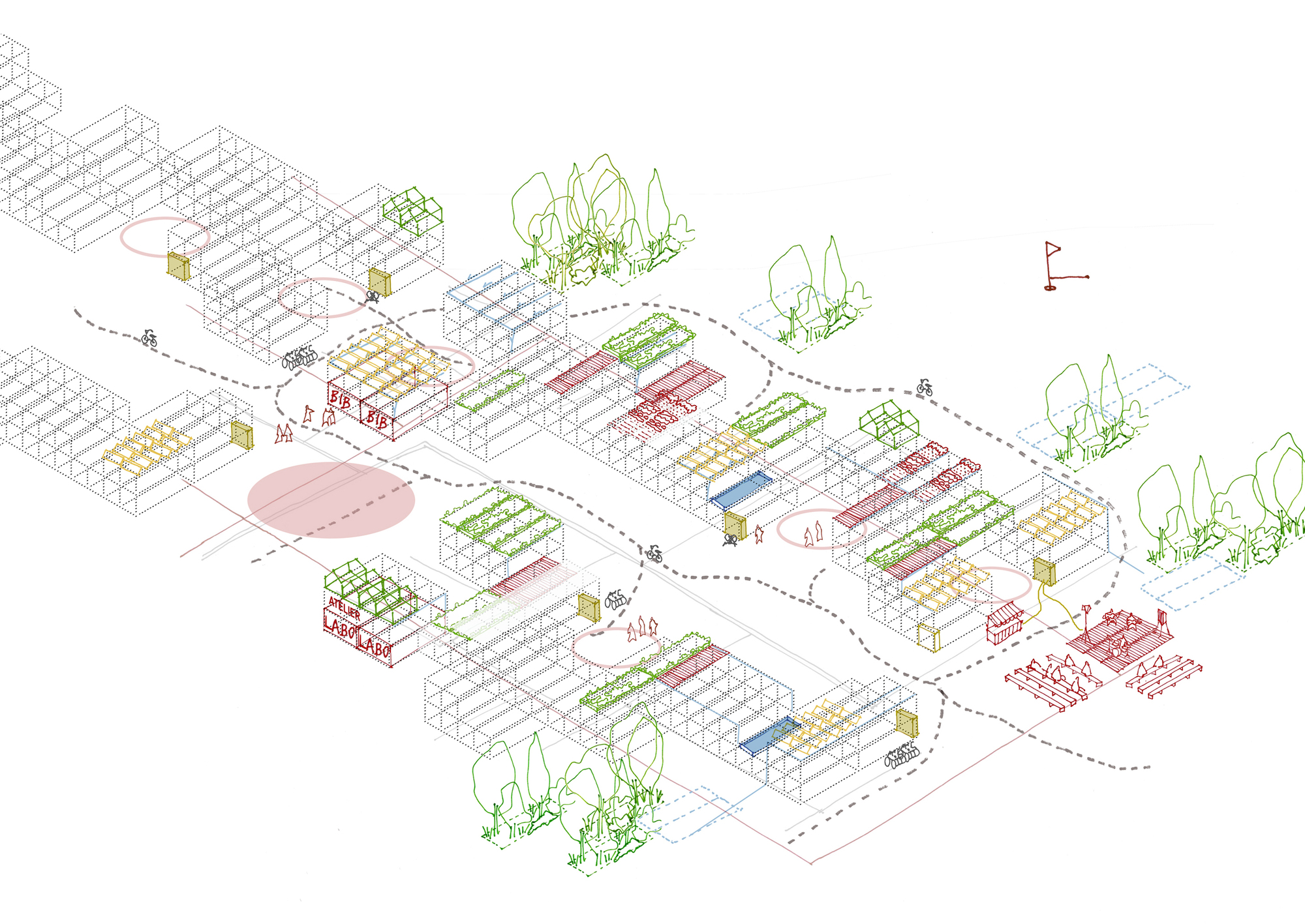 Axonometric drawing showing a campus layout with scattered buildings, pathways, and tree clusters
