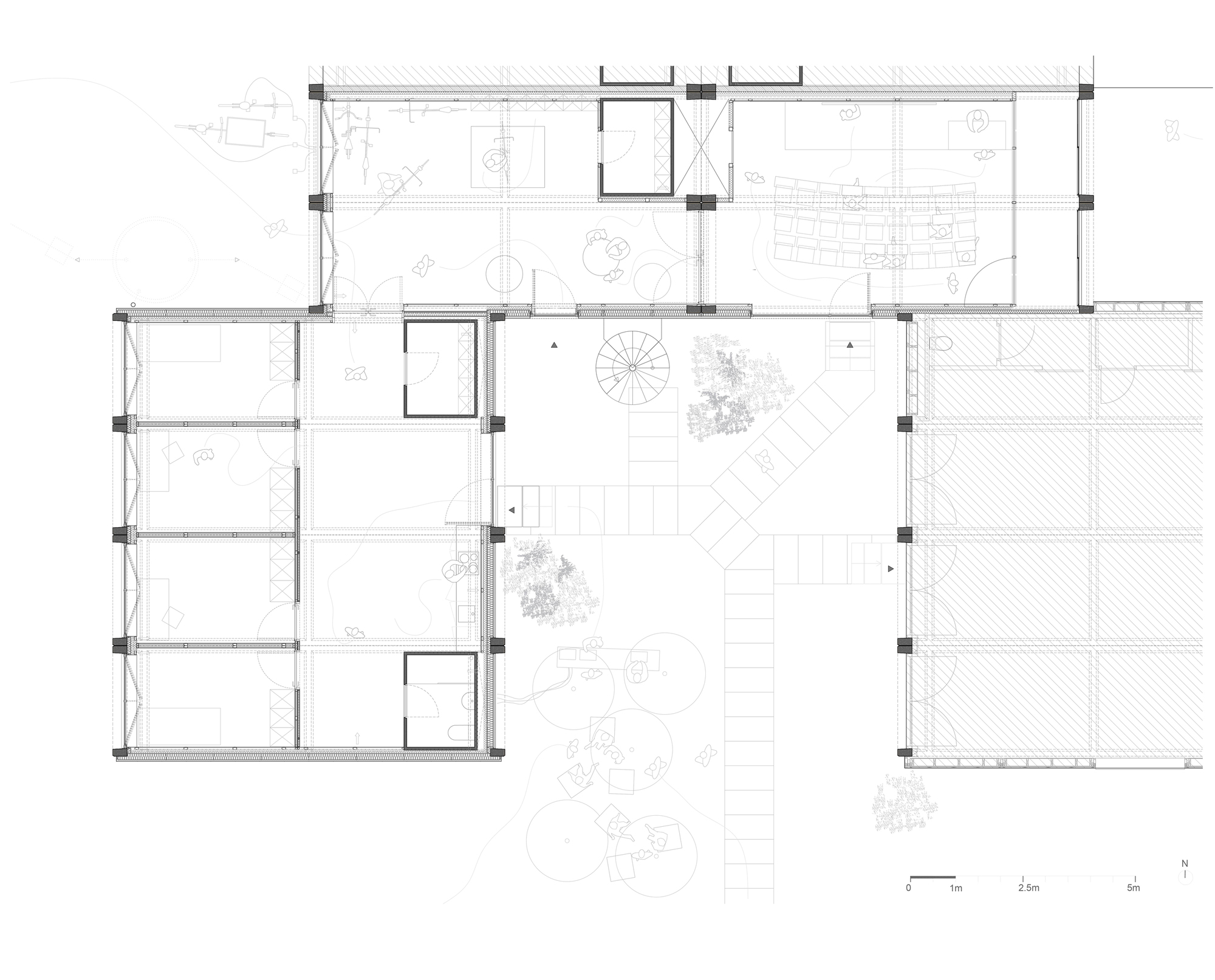 Floor plan drawing showing L-shaped layout with central spiral stair and surrounding courtyard plantings