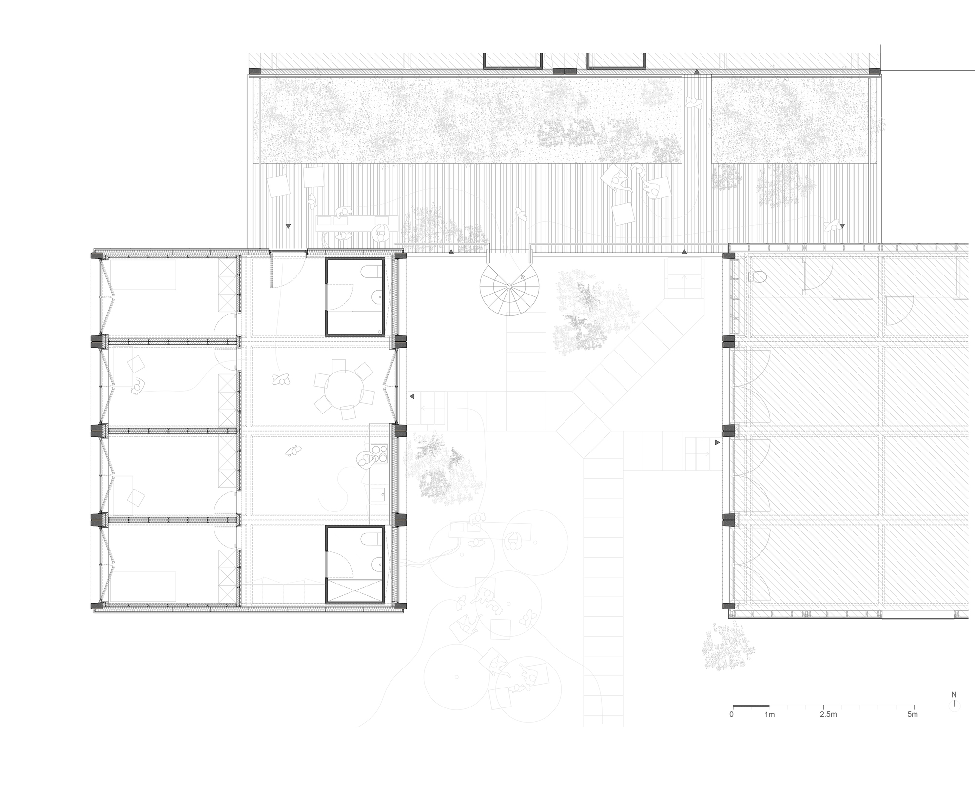 Floor plan drawing showing upper level with fewer rooms and enclosed terrace along the northern edge