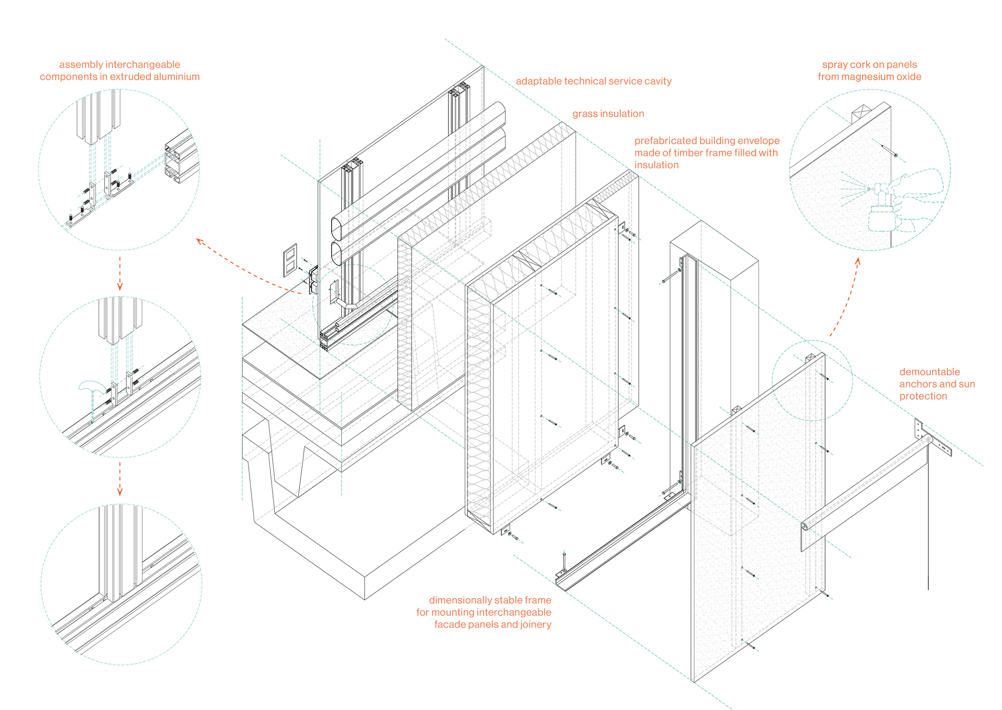 Axonometric assembly drawing of prefabricated timber frame system with annotated construction details