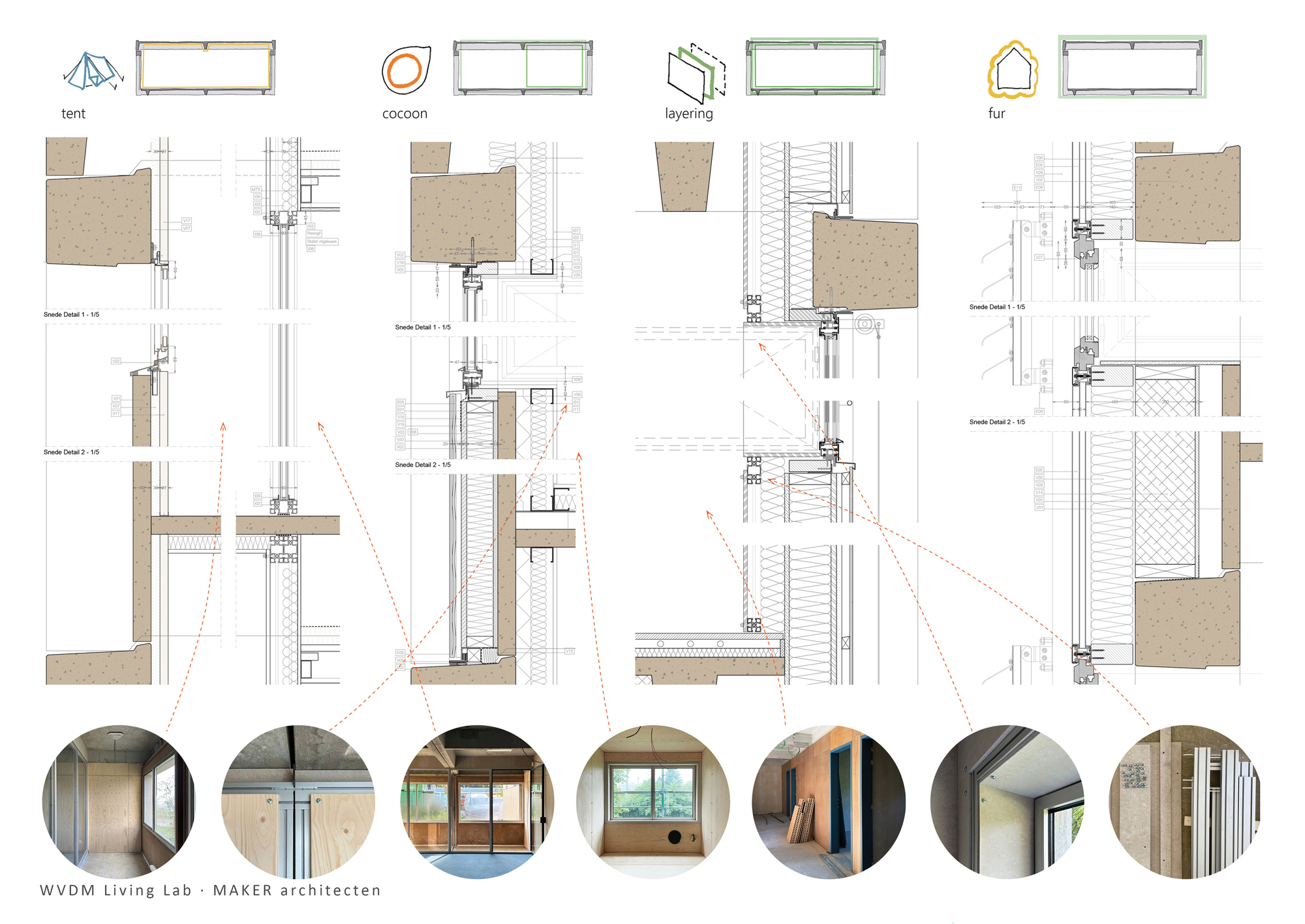 Detail drawing sheet showing four window configurations with section cuts and corresponding interior photographs