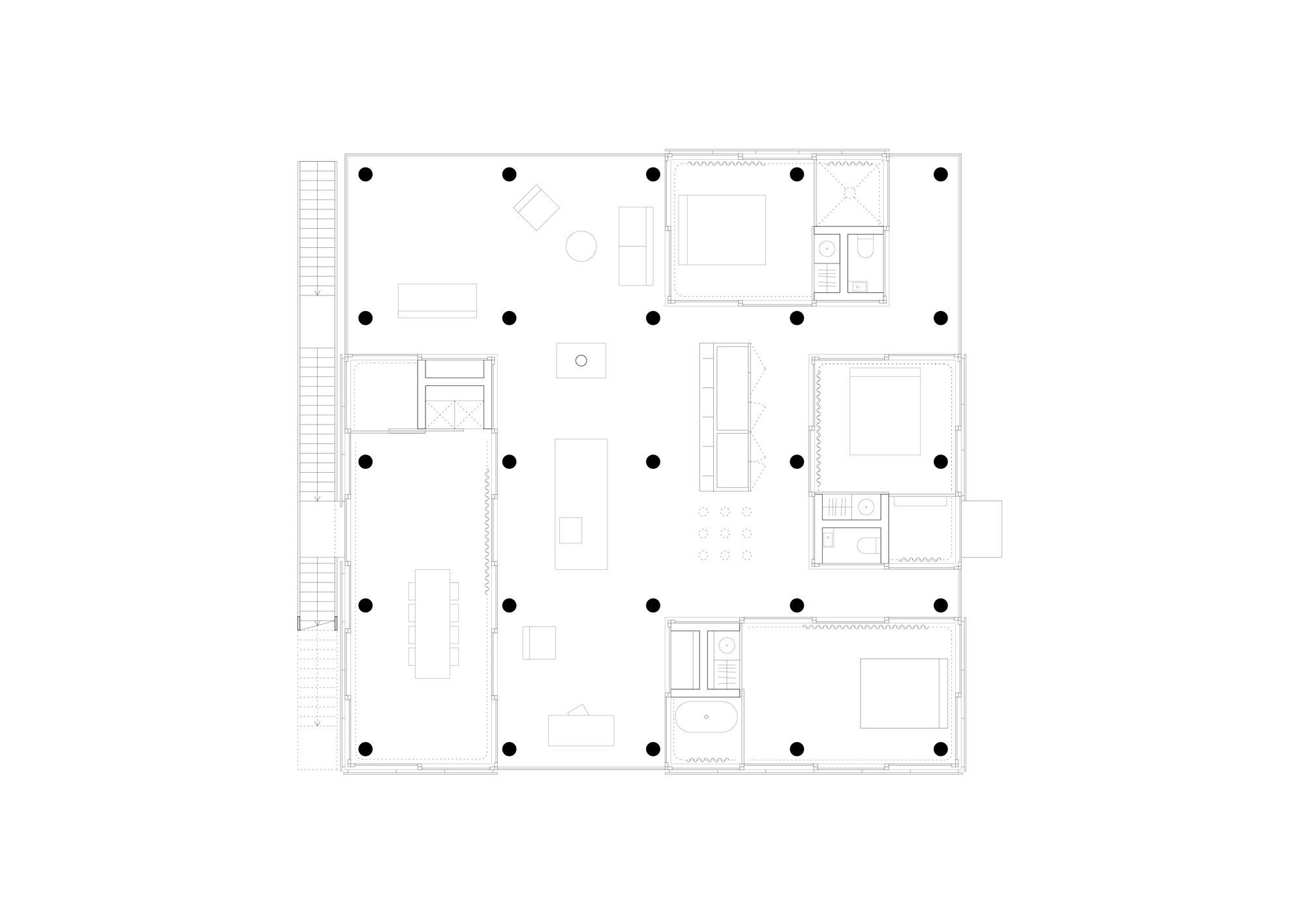 Floor plan drawing depicting a square layout with peripheral service rooms and open central space on columns