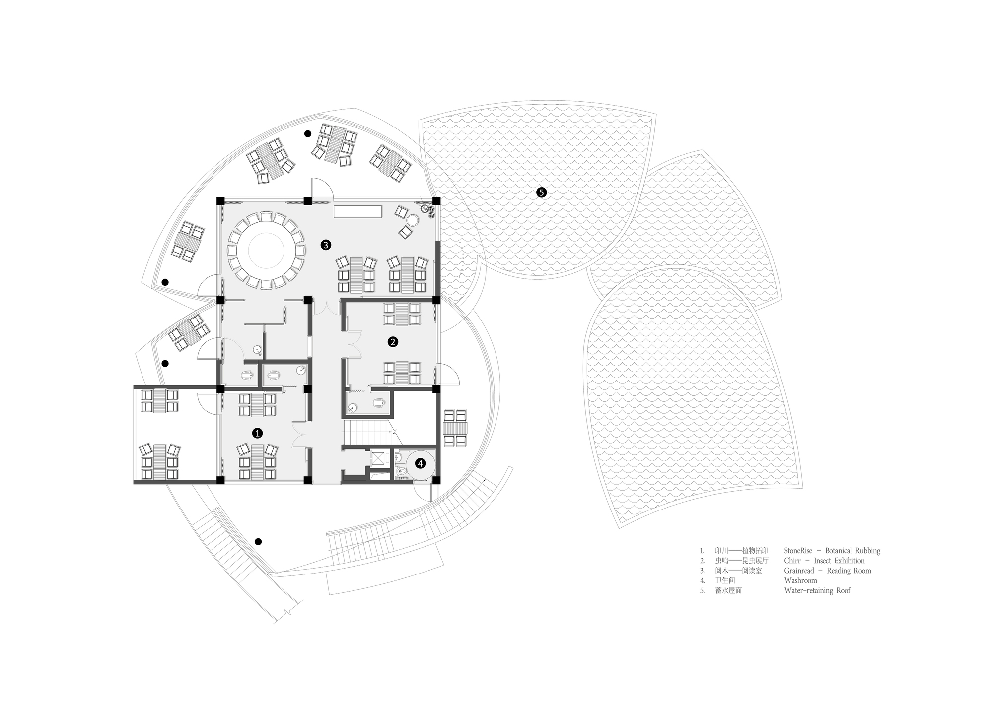 Floor plan drawing showing upper level with curved interior spaces and outdoor terraces