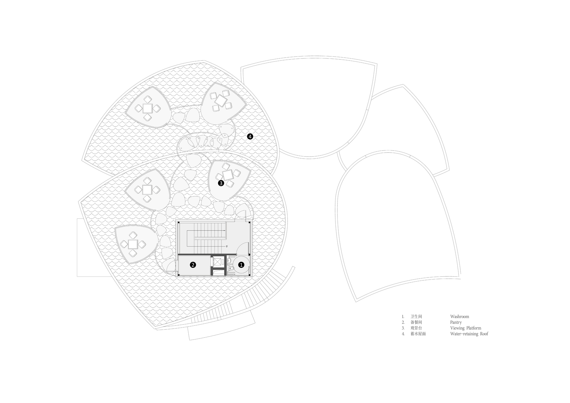 Roof plan drawing showing petal-shaped terrace arrangements surrounding central service core