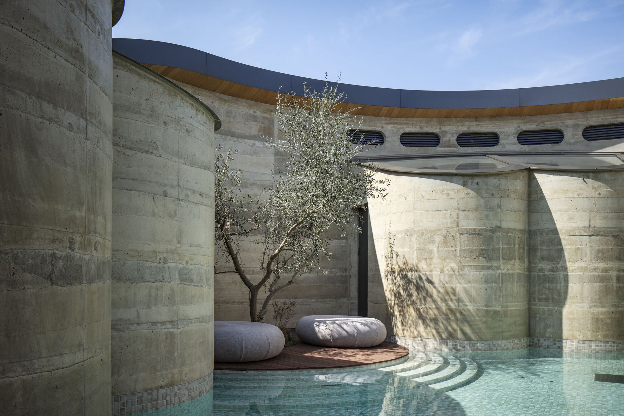 Curved swimming pool with mosaic tile pattern alongside a concrete courtyard with olive tree and cushioned seating