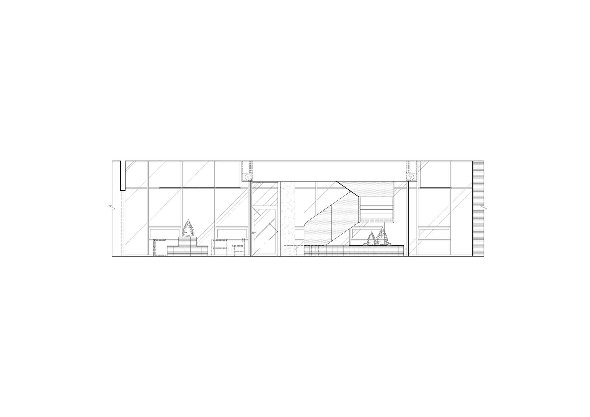 Section drawing revealing multi-level interior with central staircase and glazed facade panels