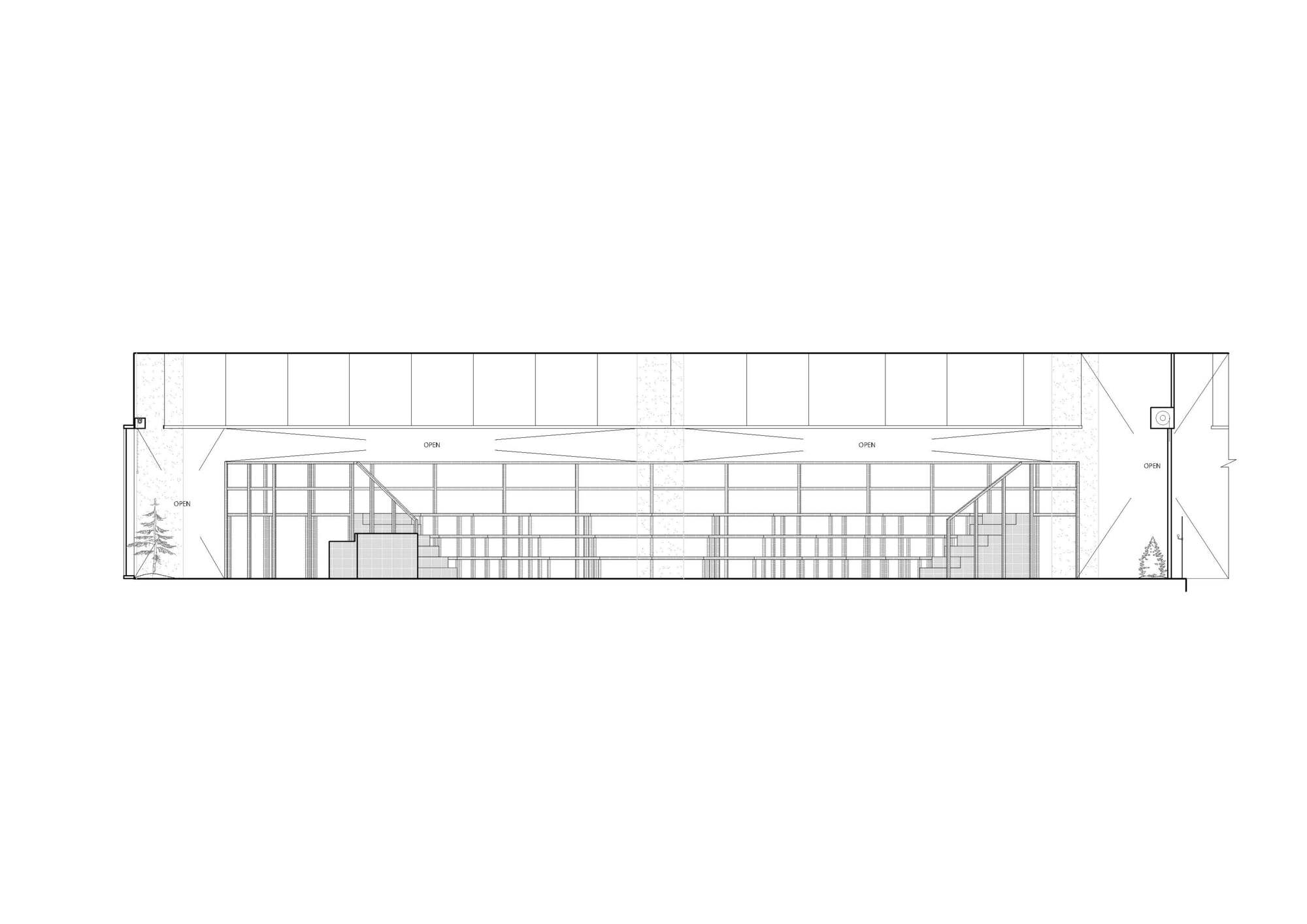 Elevation drawing depicting horizontal facade with grid of glazing and structural bracing elements