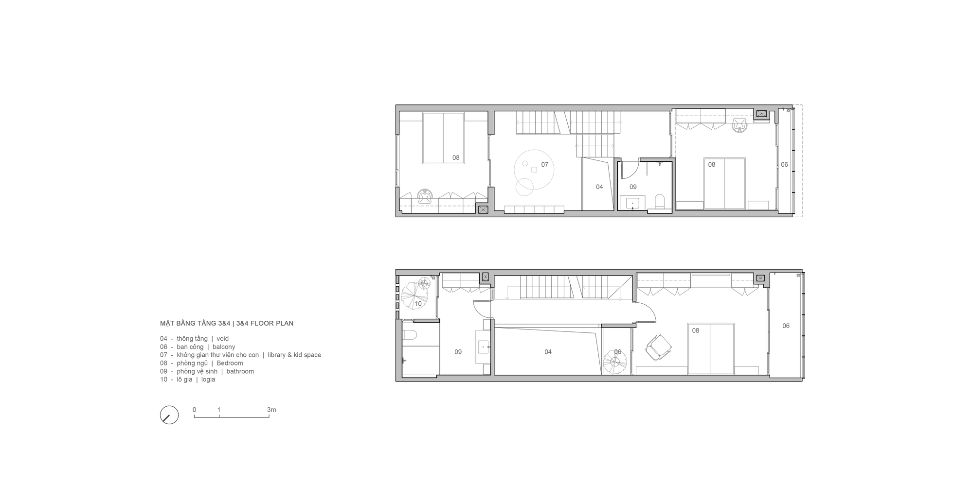 Floor plan drawings depicting second and third level arrangements with central staircase and room divisions