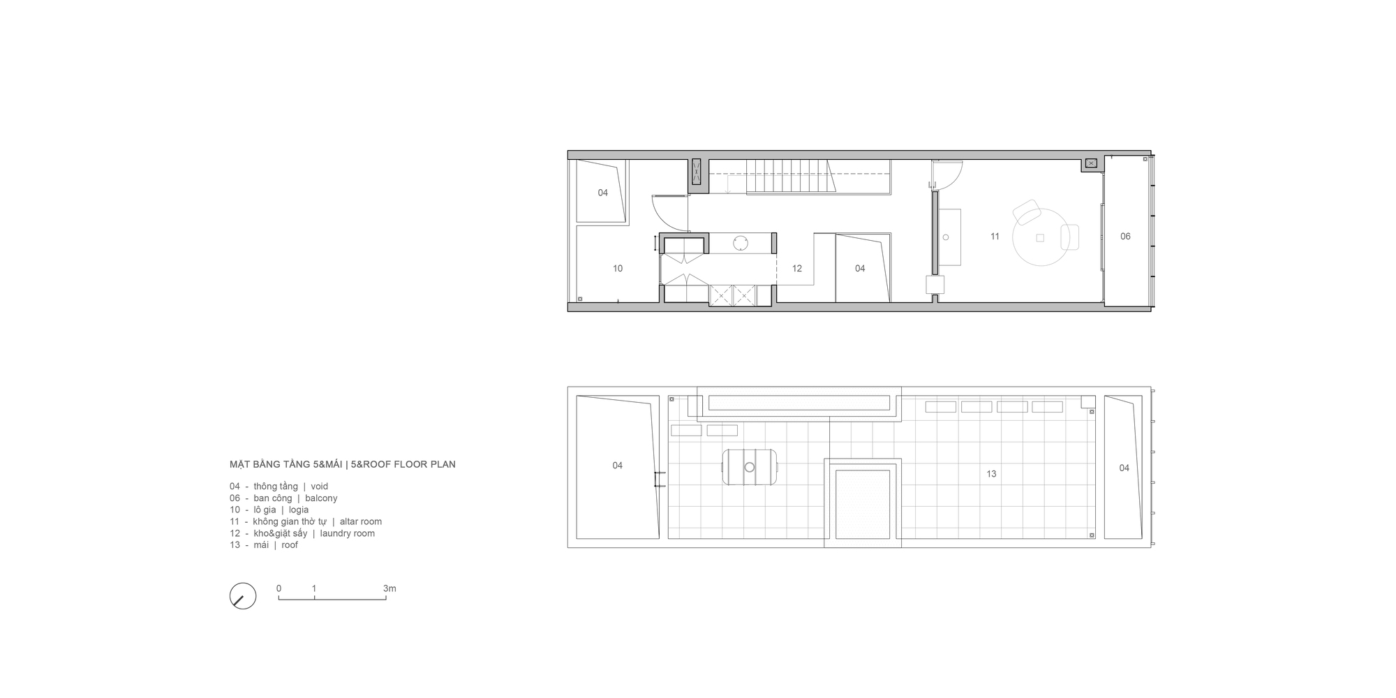 Floor plan drawings illustrating fourth and rooftop level configurations with central circulation core